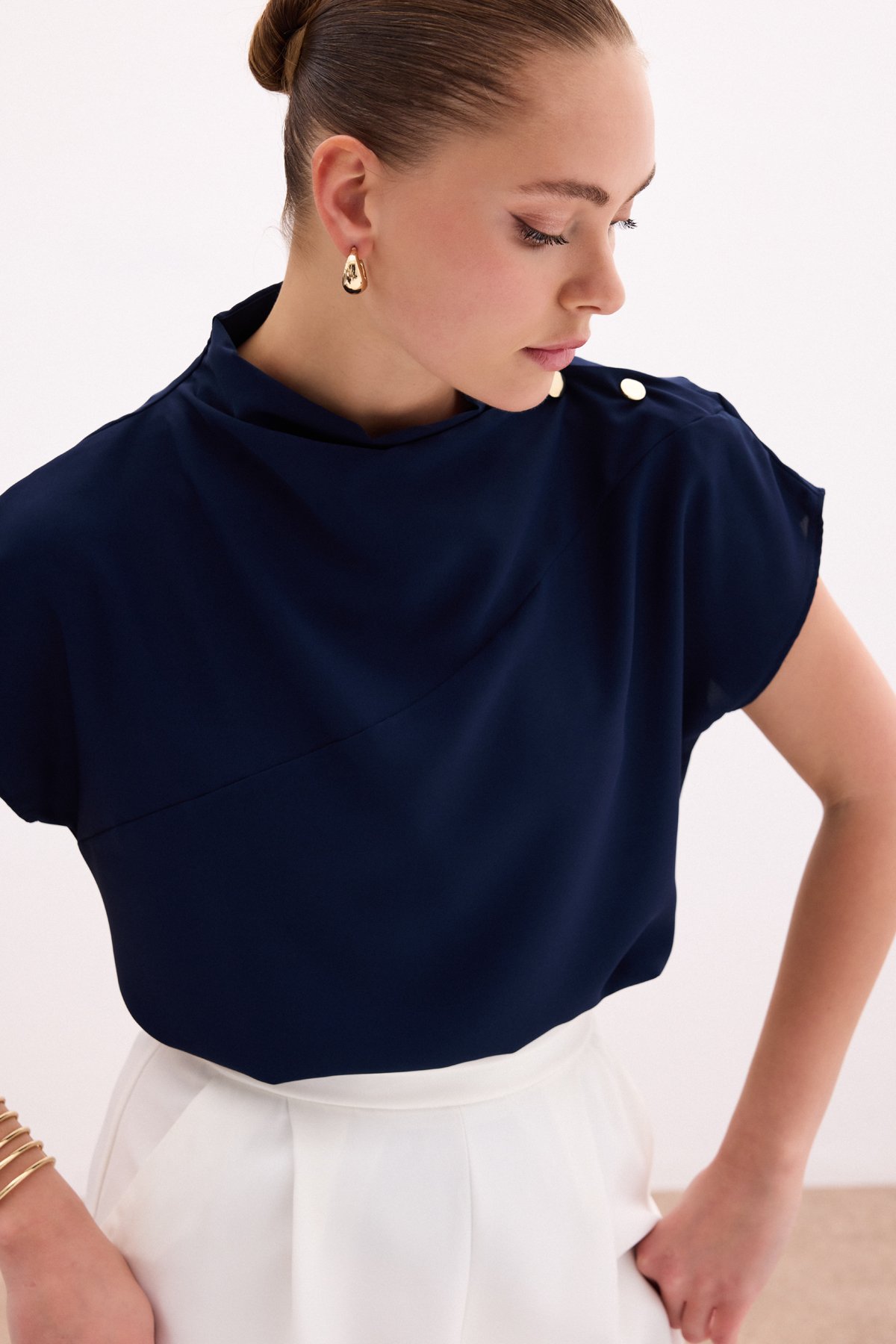 Tek Omuz Çıtçıtlı Bluz - Lacivert