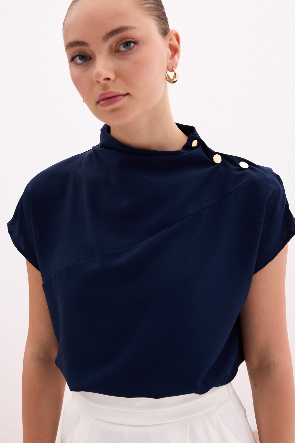 Tek Omuz Çıtçıtlı Bluz - Lacivert