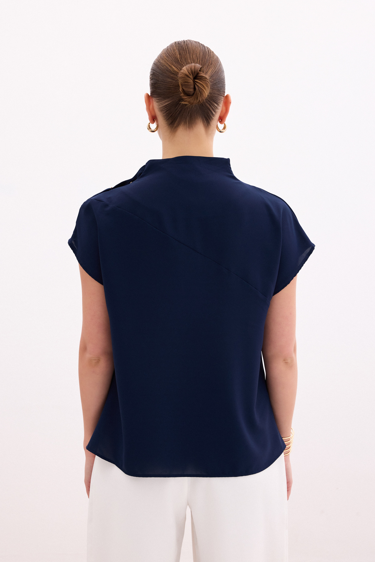 Tek Omuz Çıtçıtlı Bluz - Lacivert