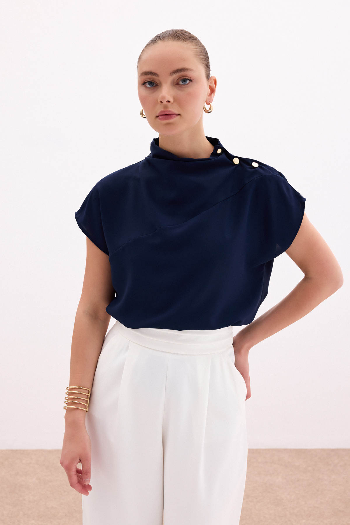 Tek Omuz Çıtçıtlı Bluz - Lacivert