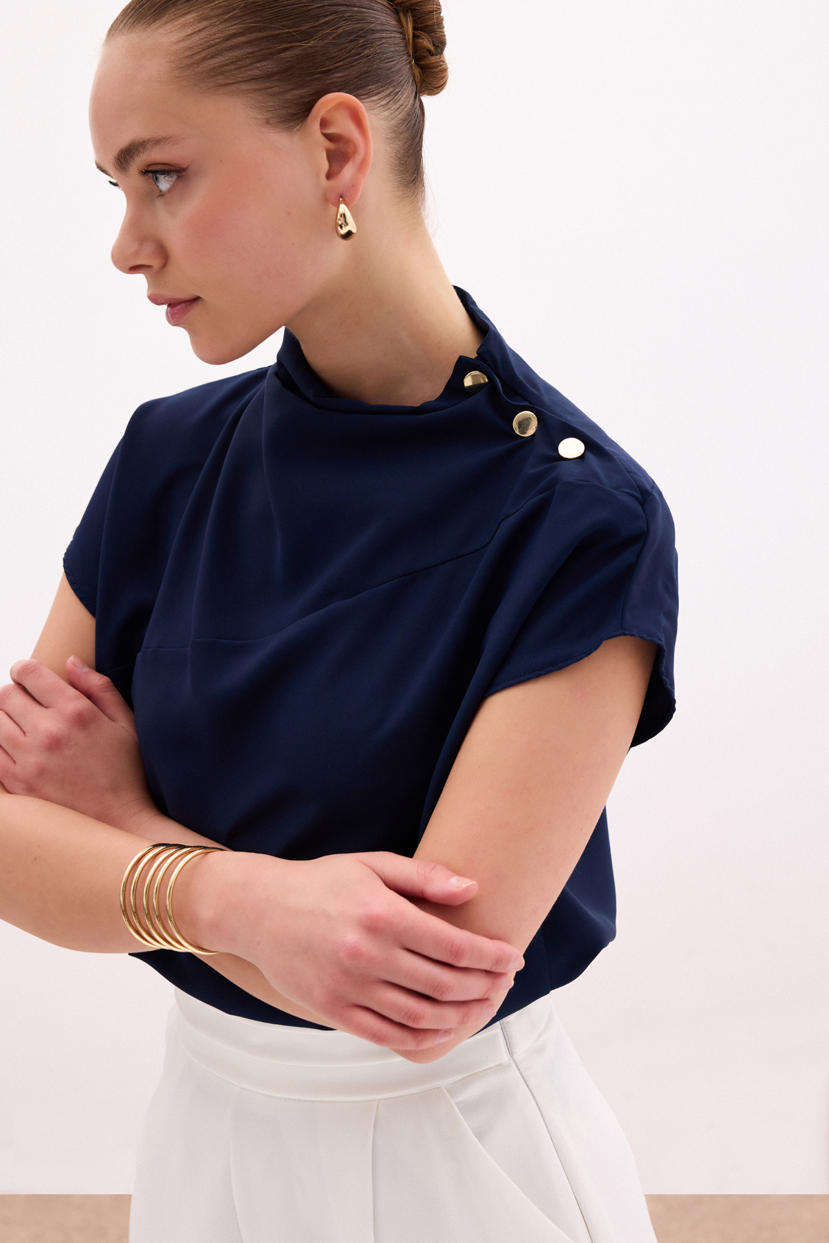 Tek Omuz Çıtçıtlı Bluz - Lacivert