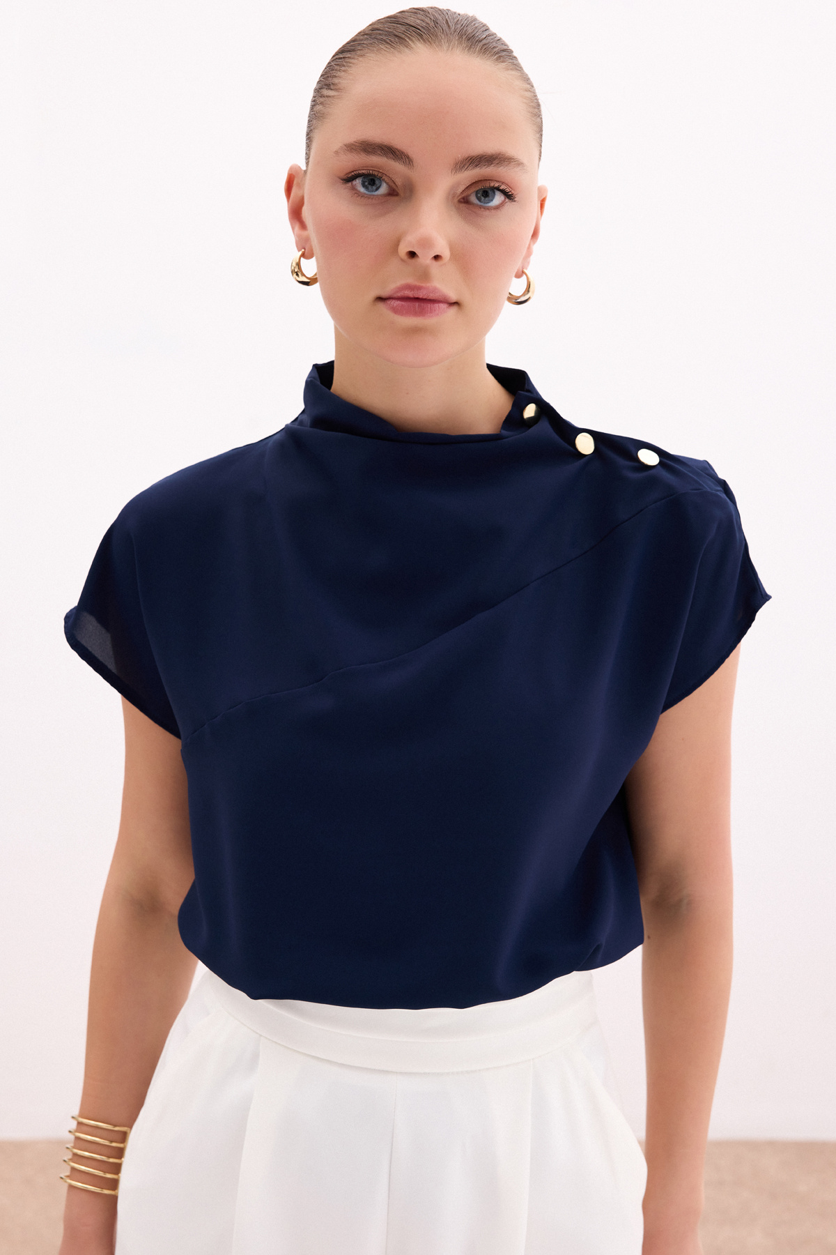Tek Omuz Çıtçıtlı Bluz - Lacivert