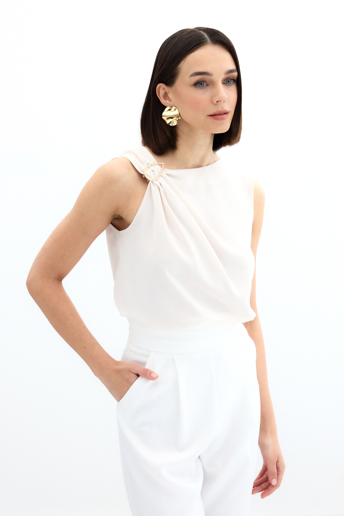 One Shoulder Detailed Blouse - Beıge