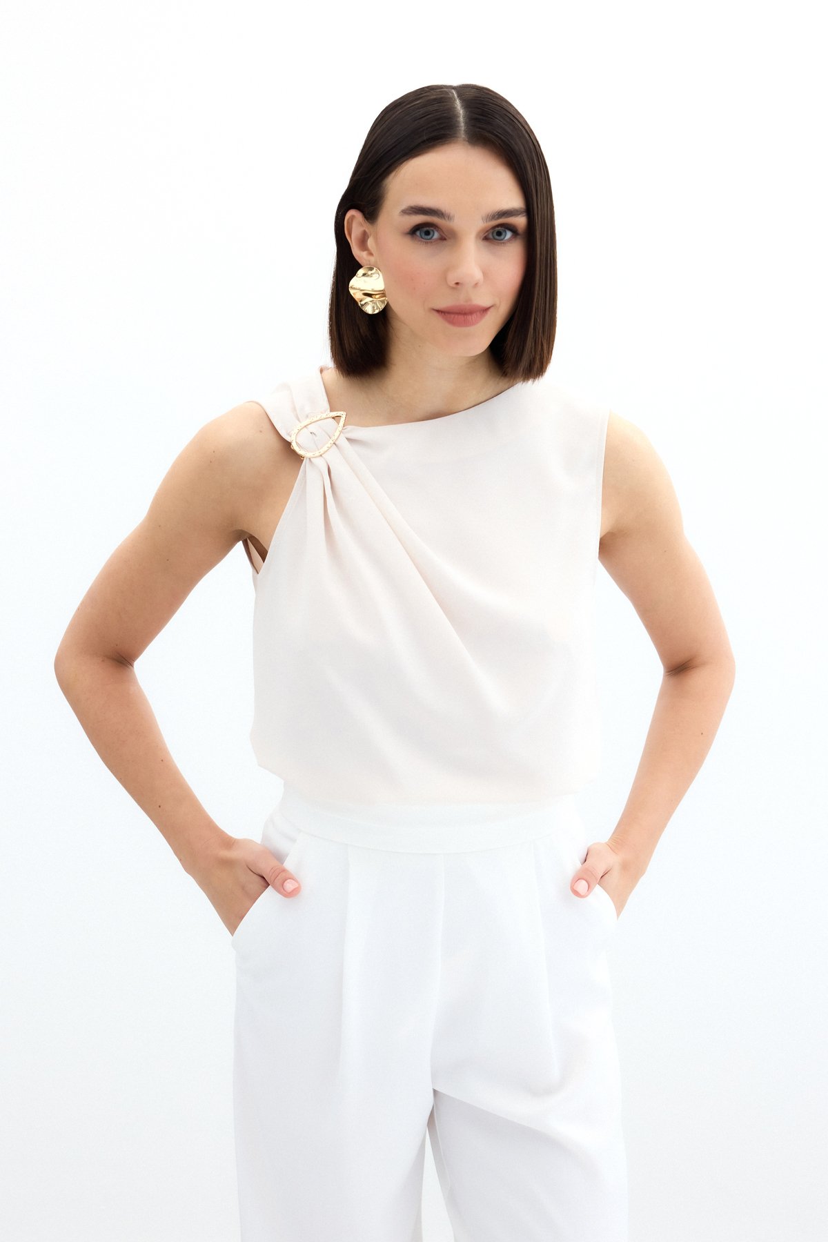 One Shoulder Detailed Blouse - Beıge