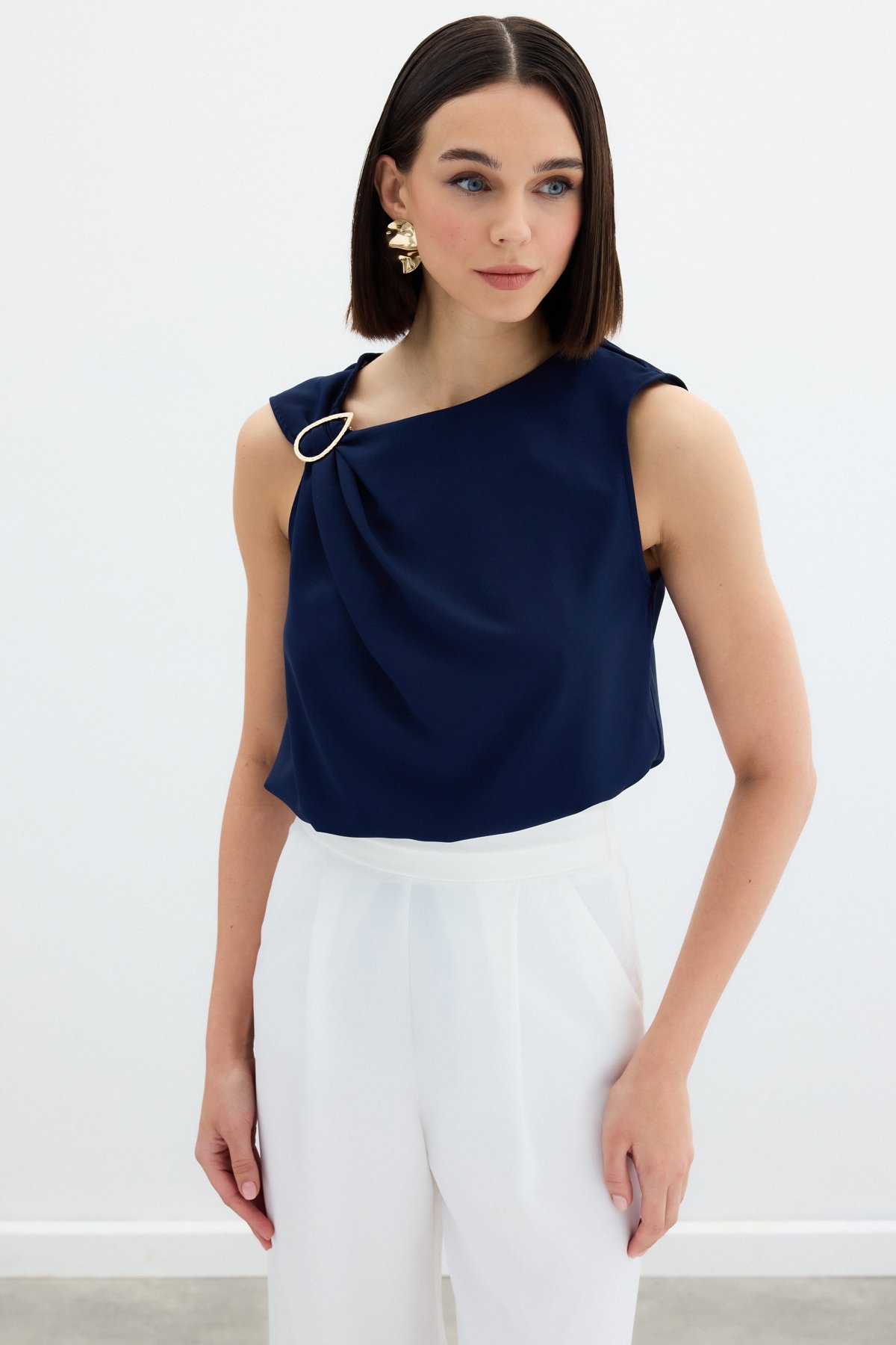 Tek Omuz Detaylı Bluz - Lacivert