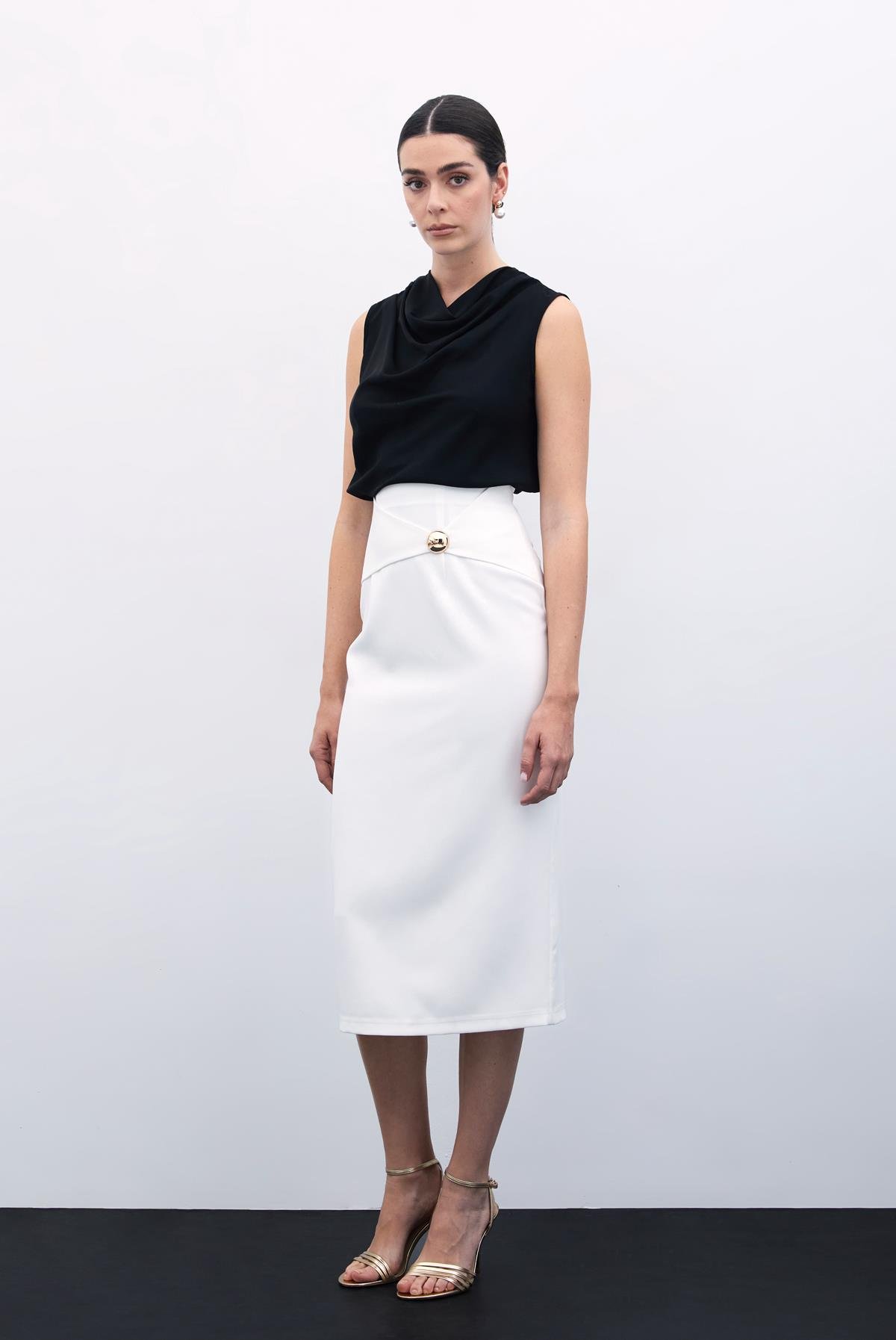 Toka Detaylı Kalem Etek - Ekru