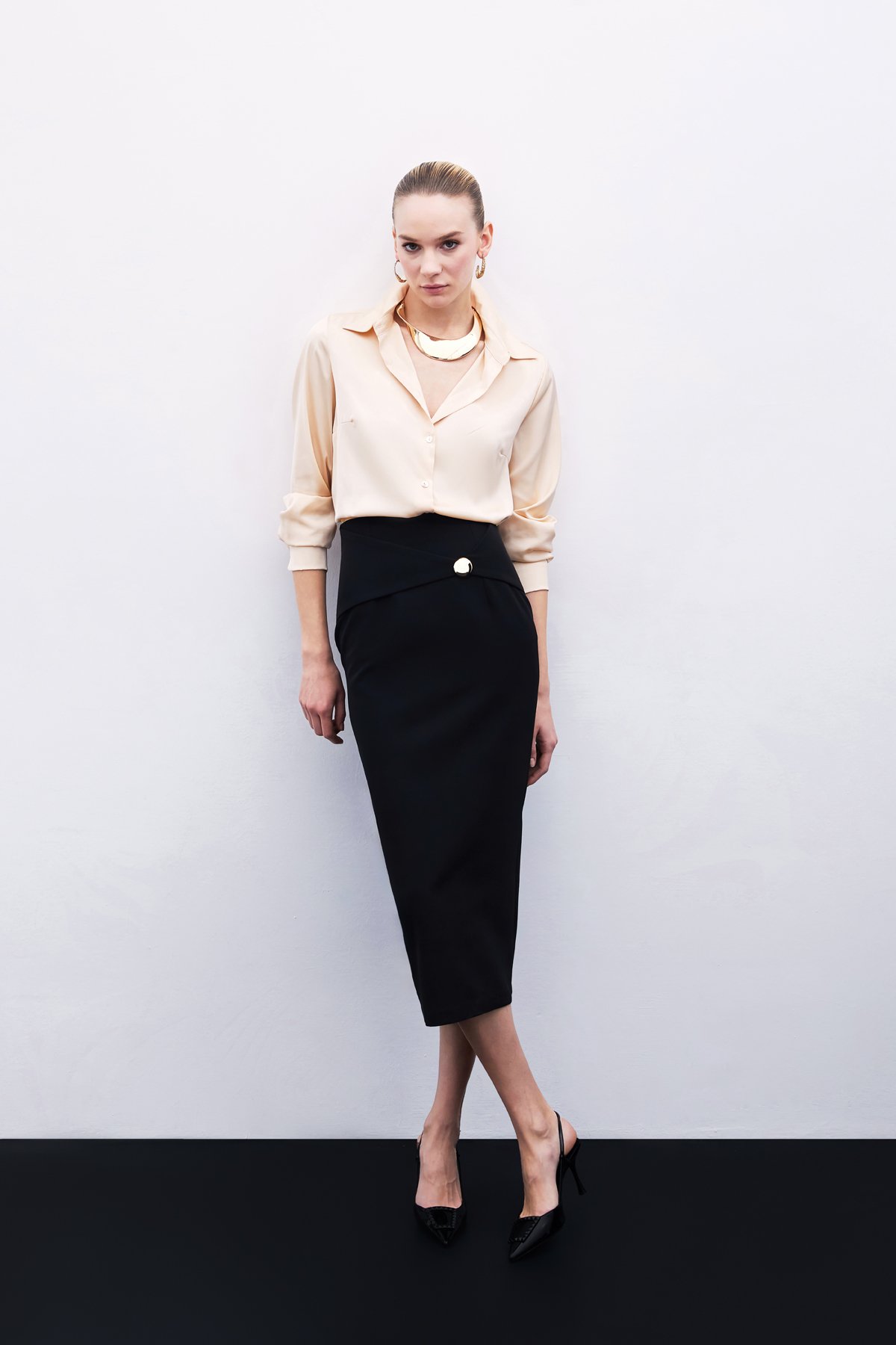 Pencil Skirt with Buckle Detail - Black