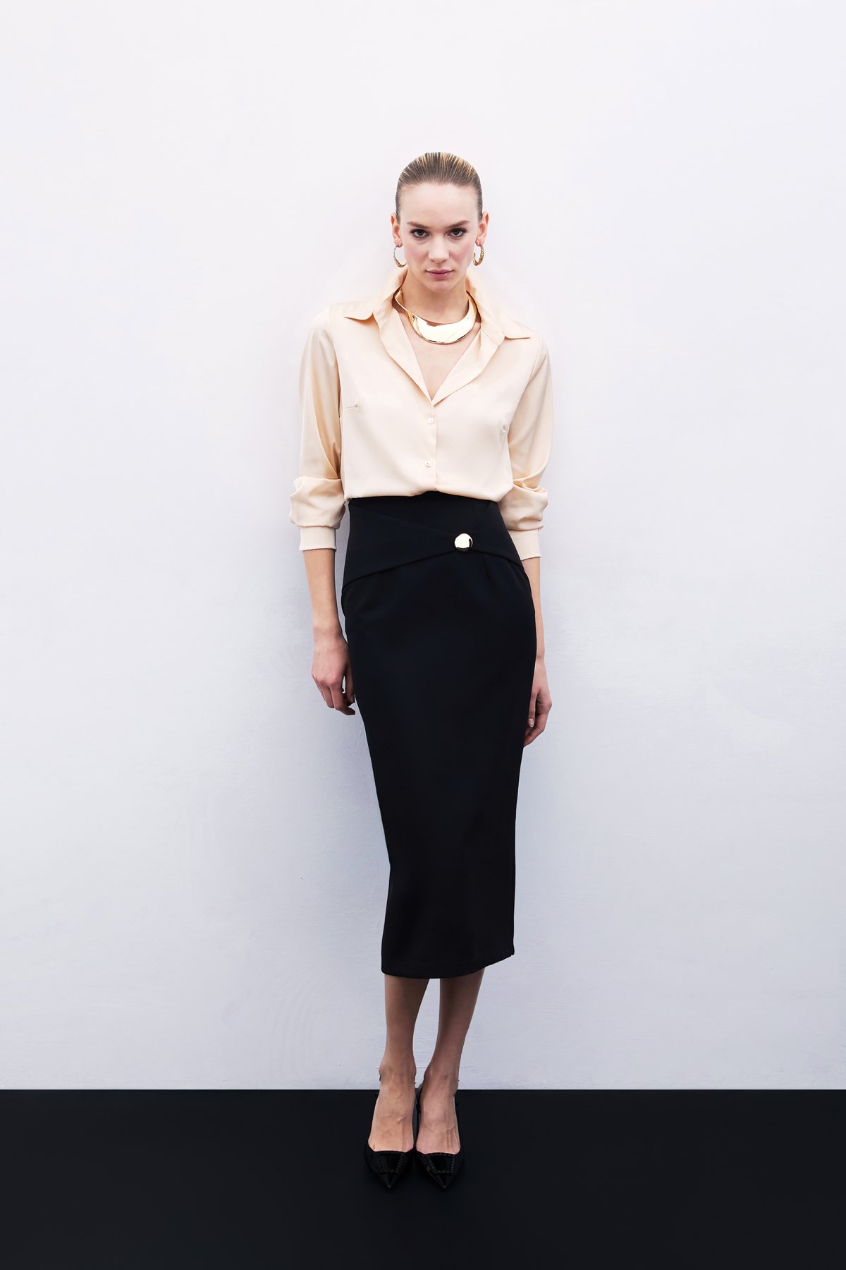 Pencil Skirt with Buckle Detail - Black
