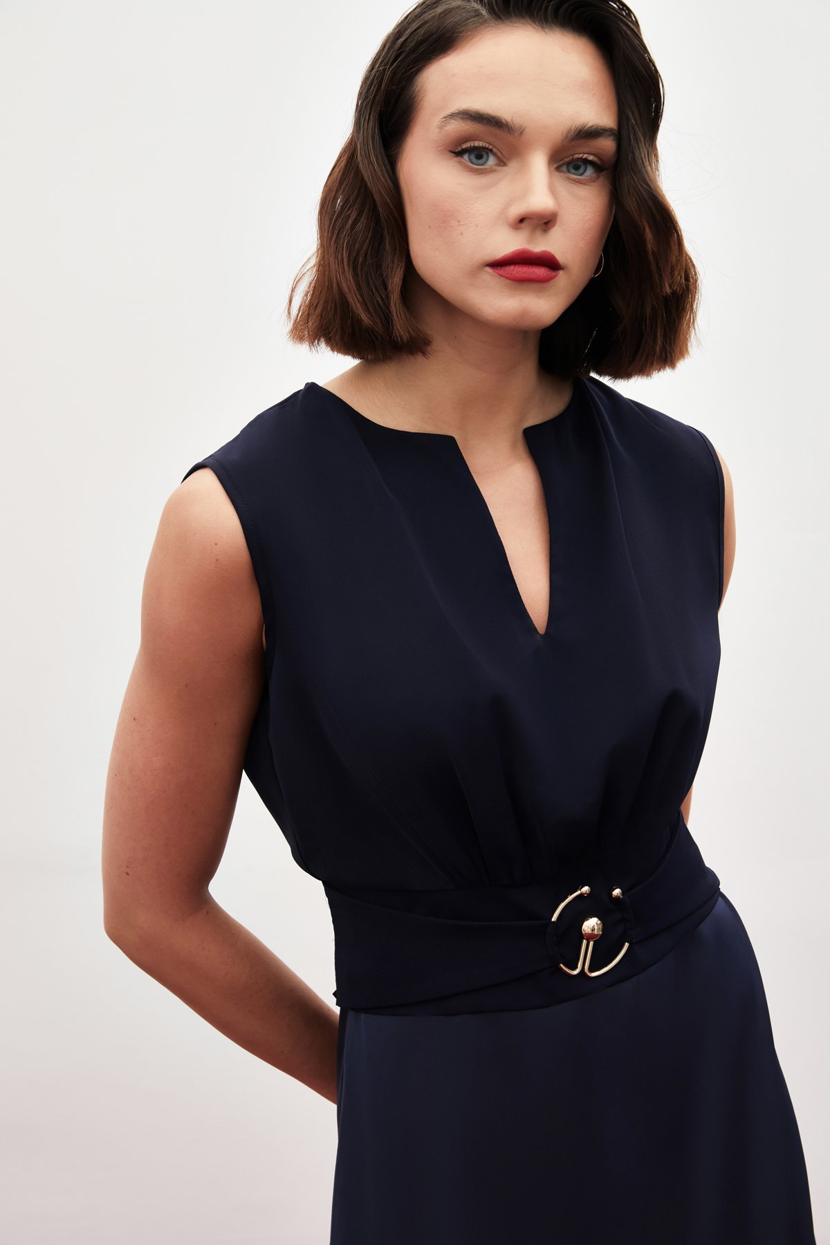 Toka Detaylı Kolsuz Bluz - LACİVERT