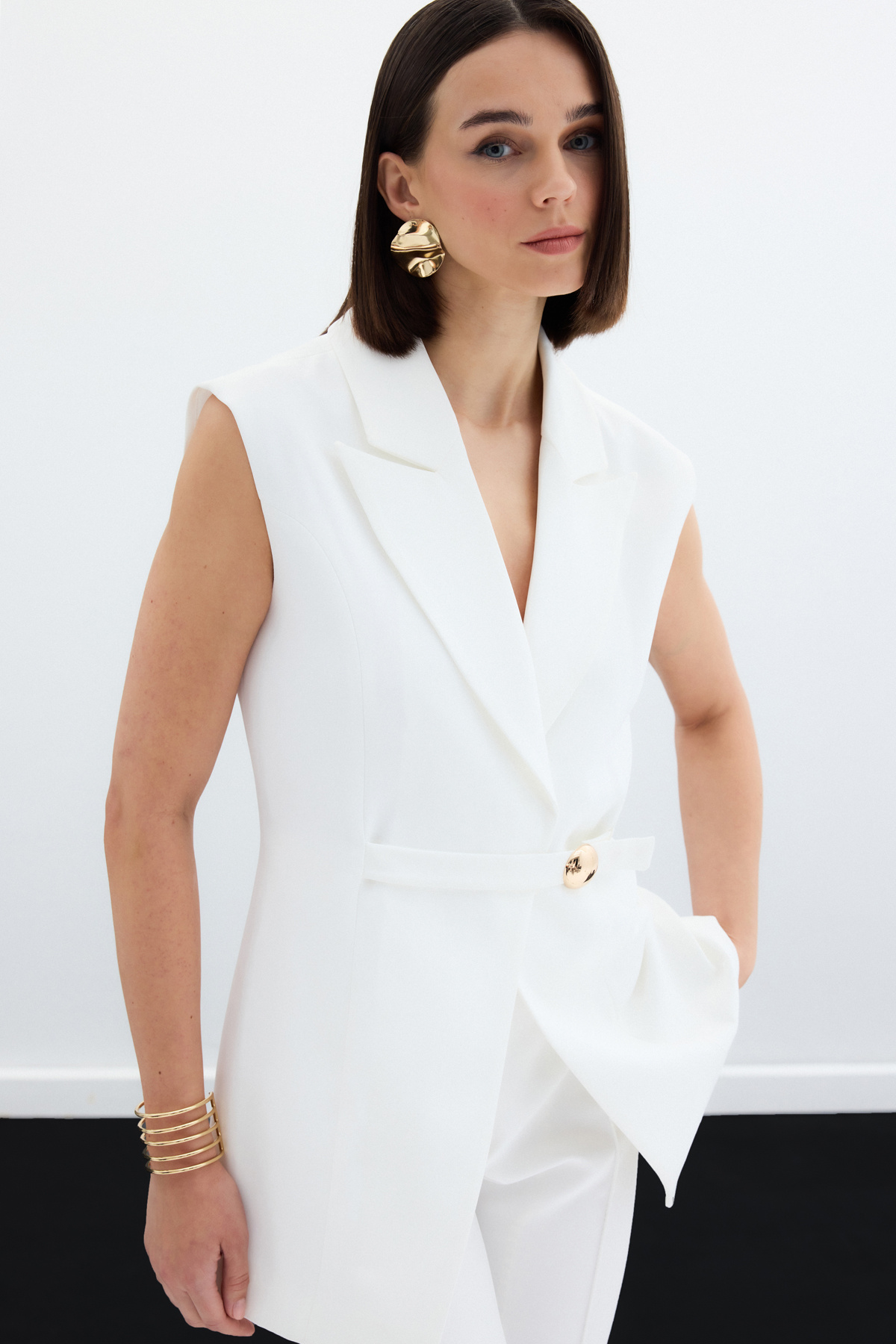 Toka Detaylı Uzun Yelek - Ekru