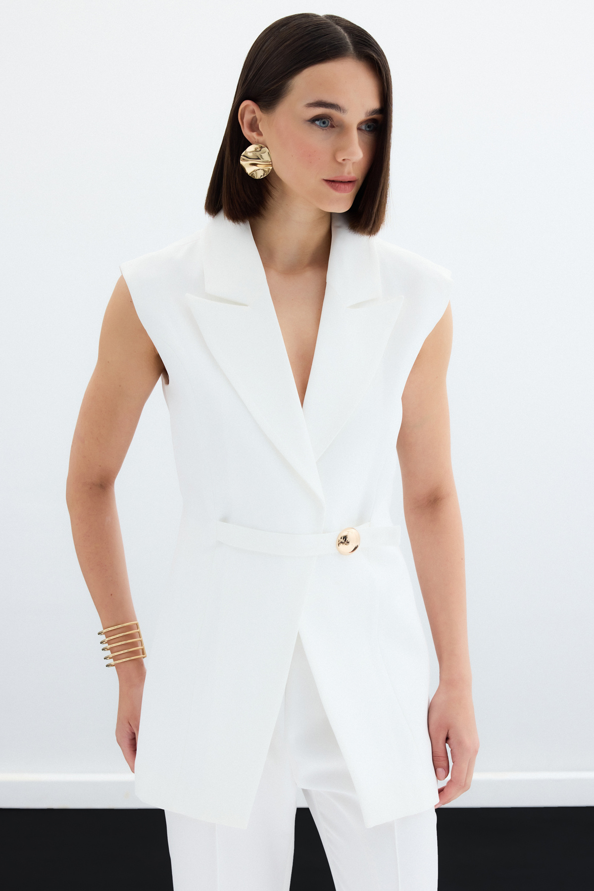 Toka Detaylı Uzun Yelek - Ekru