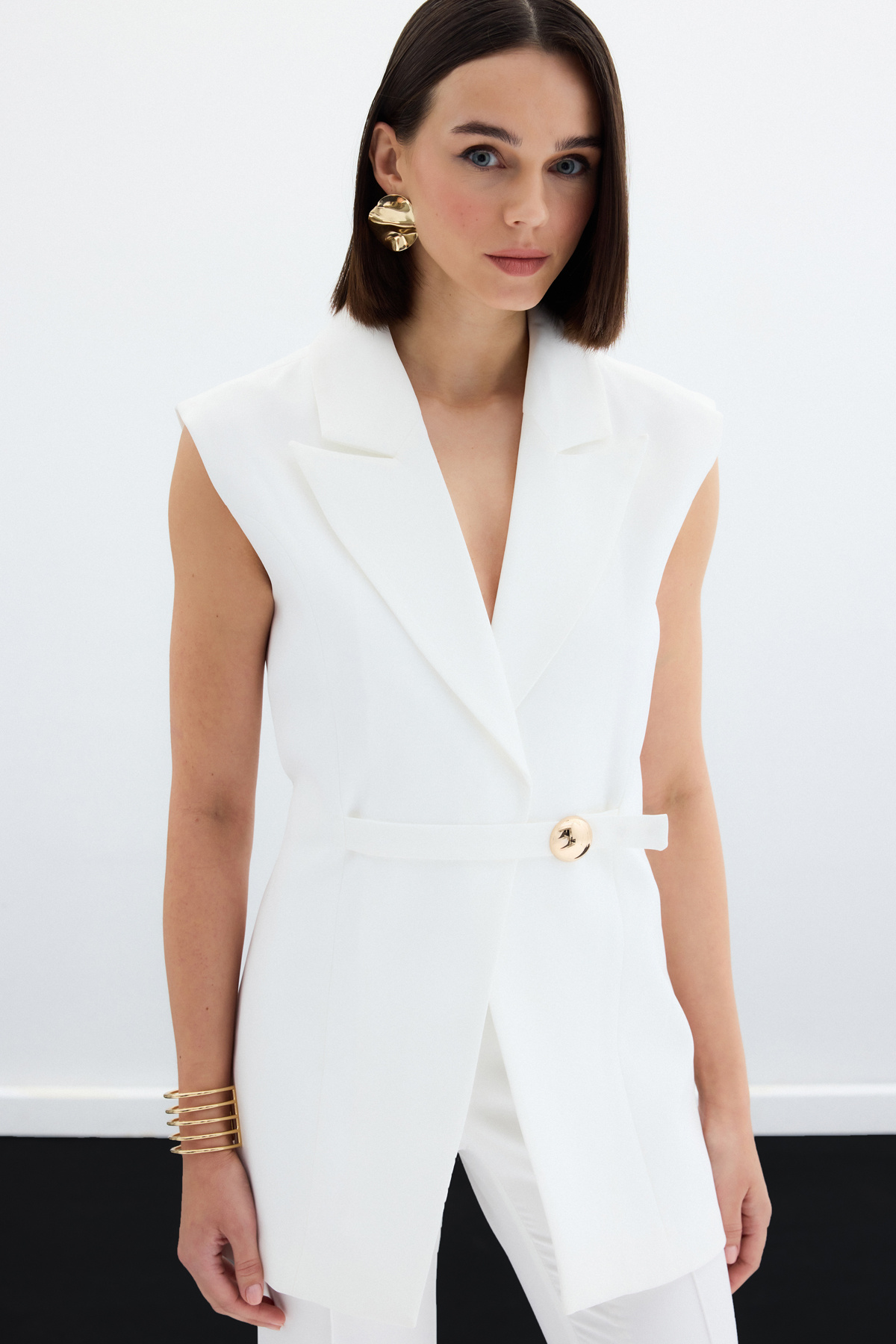 Toka Detaylı Uzun Yelek - Ekru