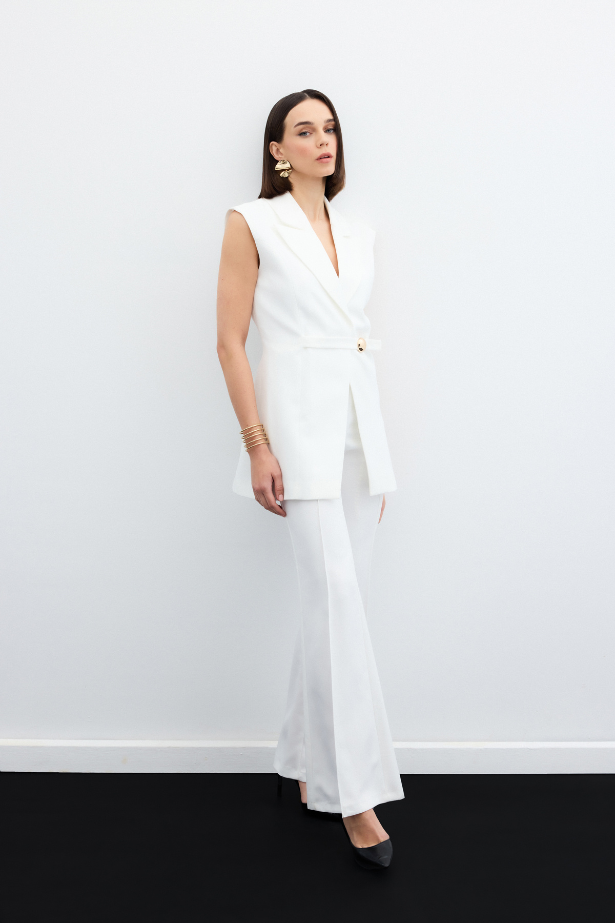 Toka Detaylı Uzun Yelek - Ekru