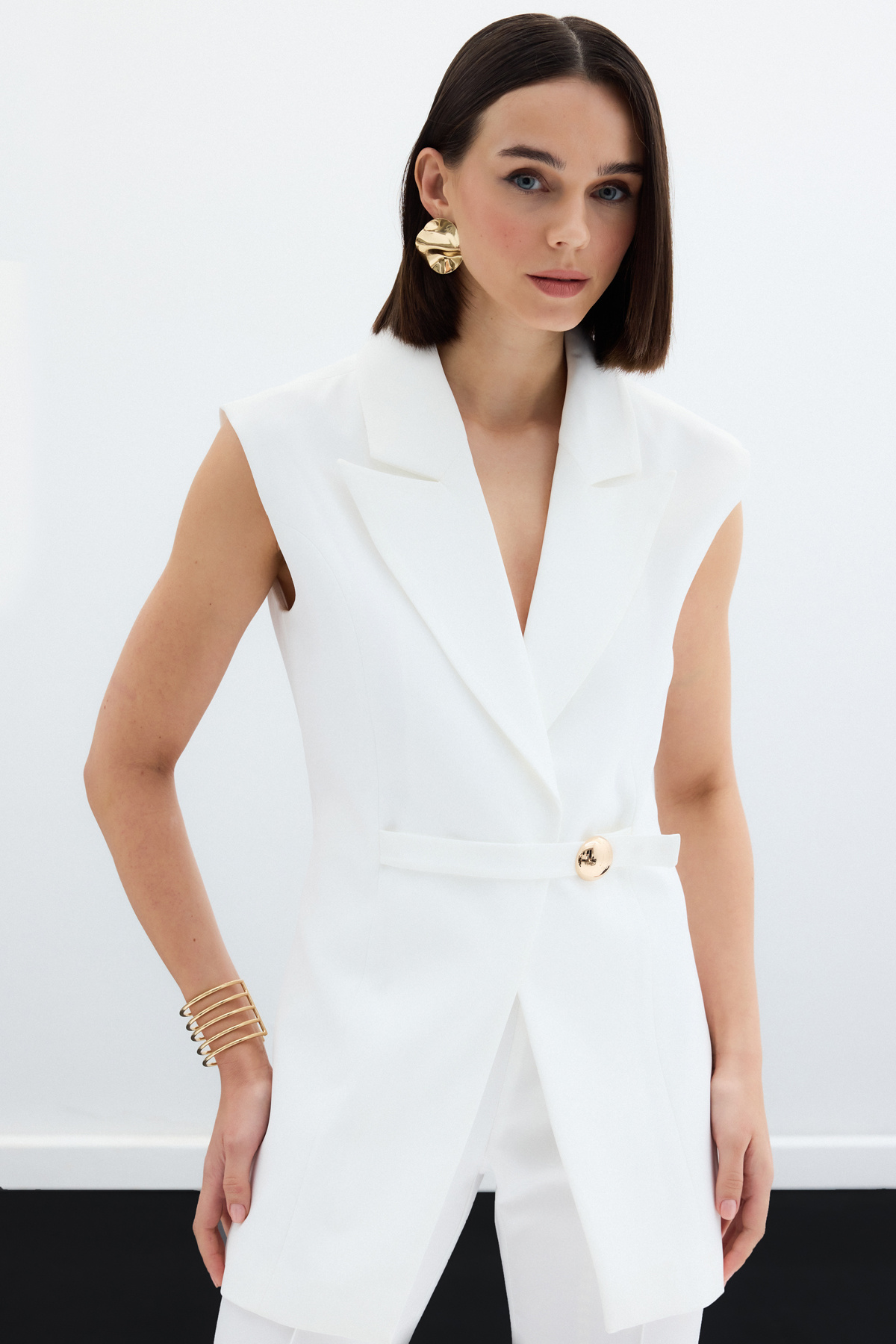 Toka Detaylı Uzun Yelek - Ekru