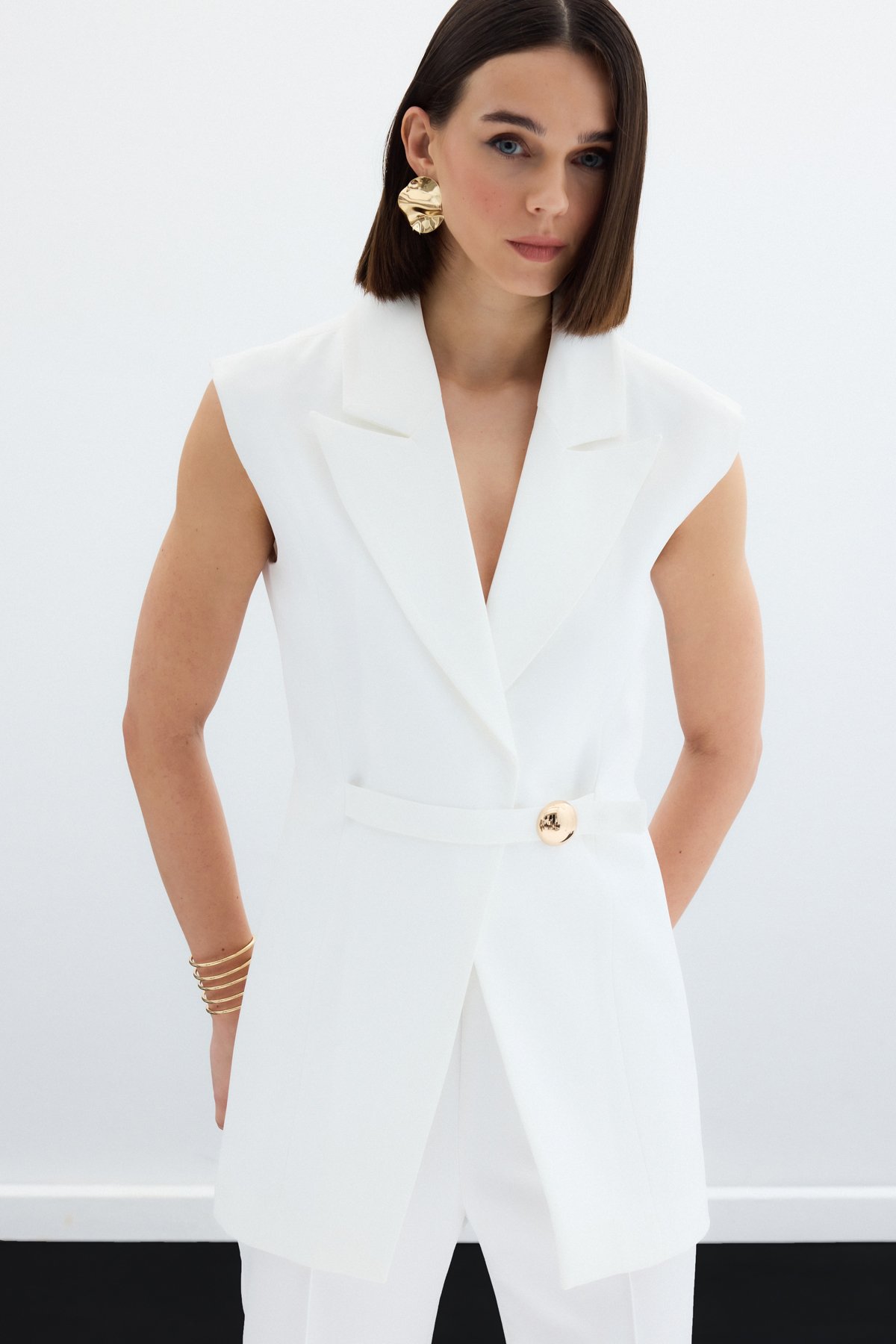 Toka Detaylı Uzun Yelek - Ekru