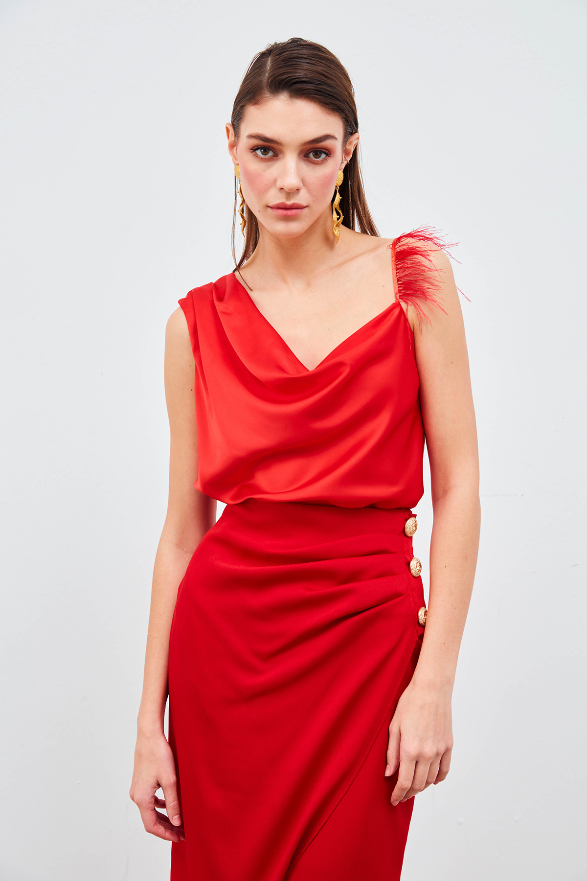 Tüh Askılı Degaje Bluz - KIRMIZI