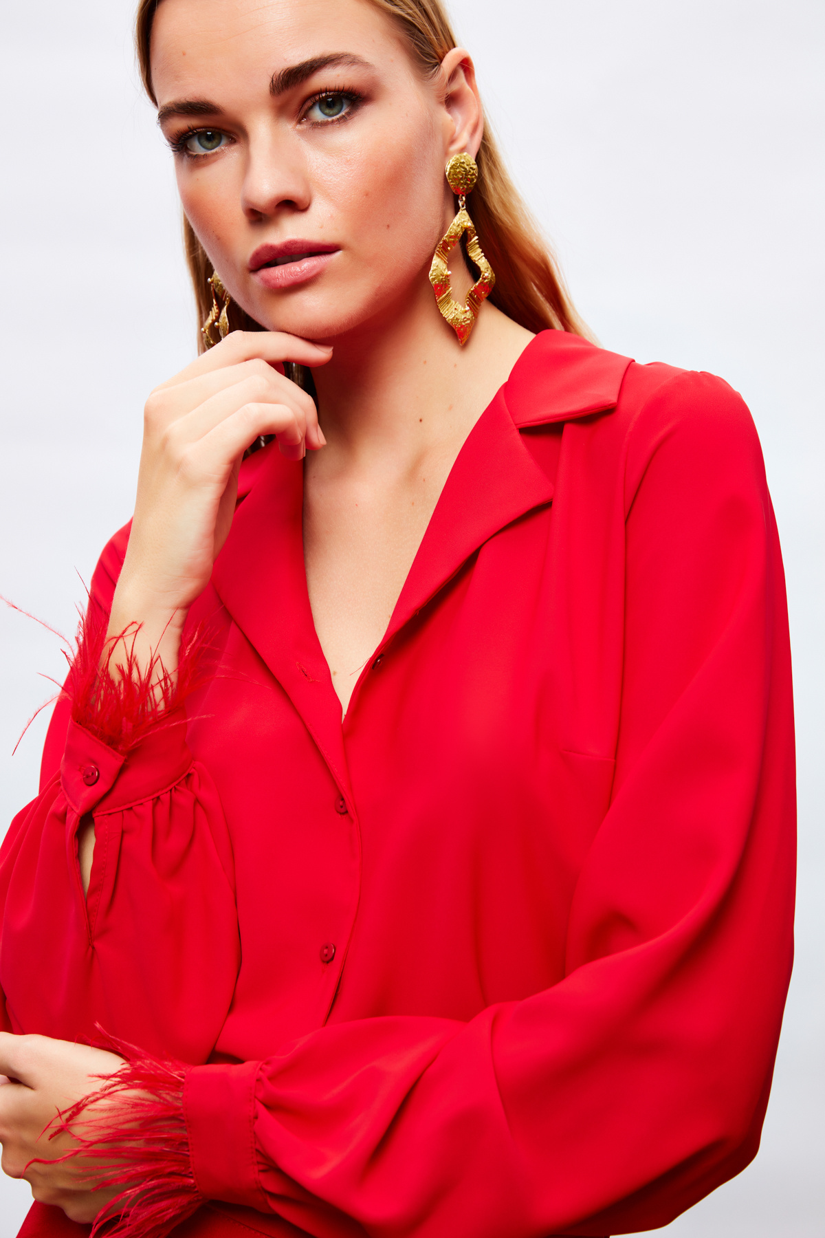 Tüy Detaylı Salaş Gömlek - KIRMIZI