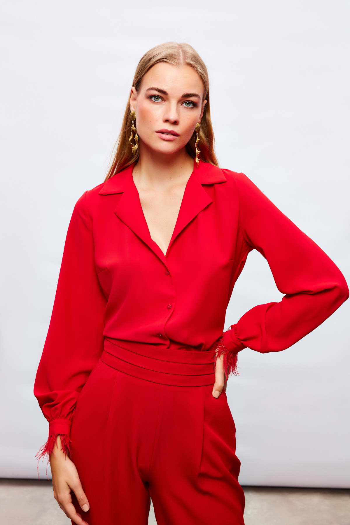 Tüy Detaylı Salaş Gömlek - KIRMIZI