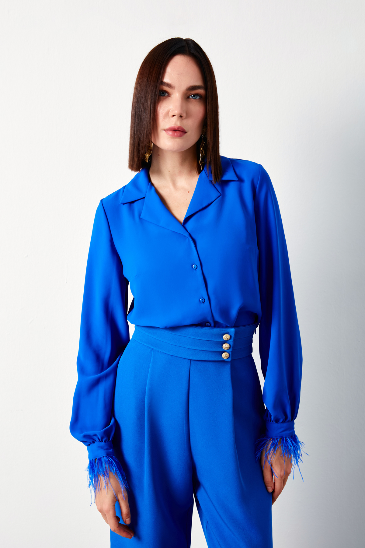 Tüy Detaylı Salaş Gömlek - SAX MAVİ