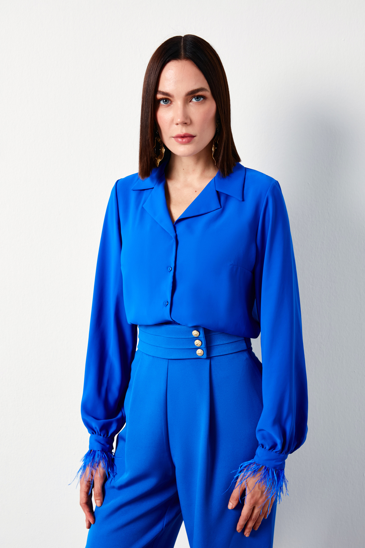 Tüy Detaylı Salaş Gömlek - SAX MAVİ