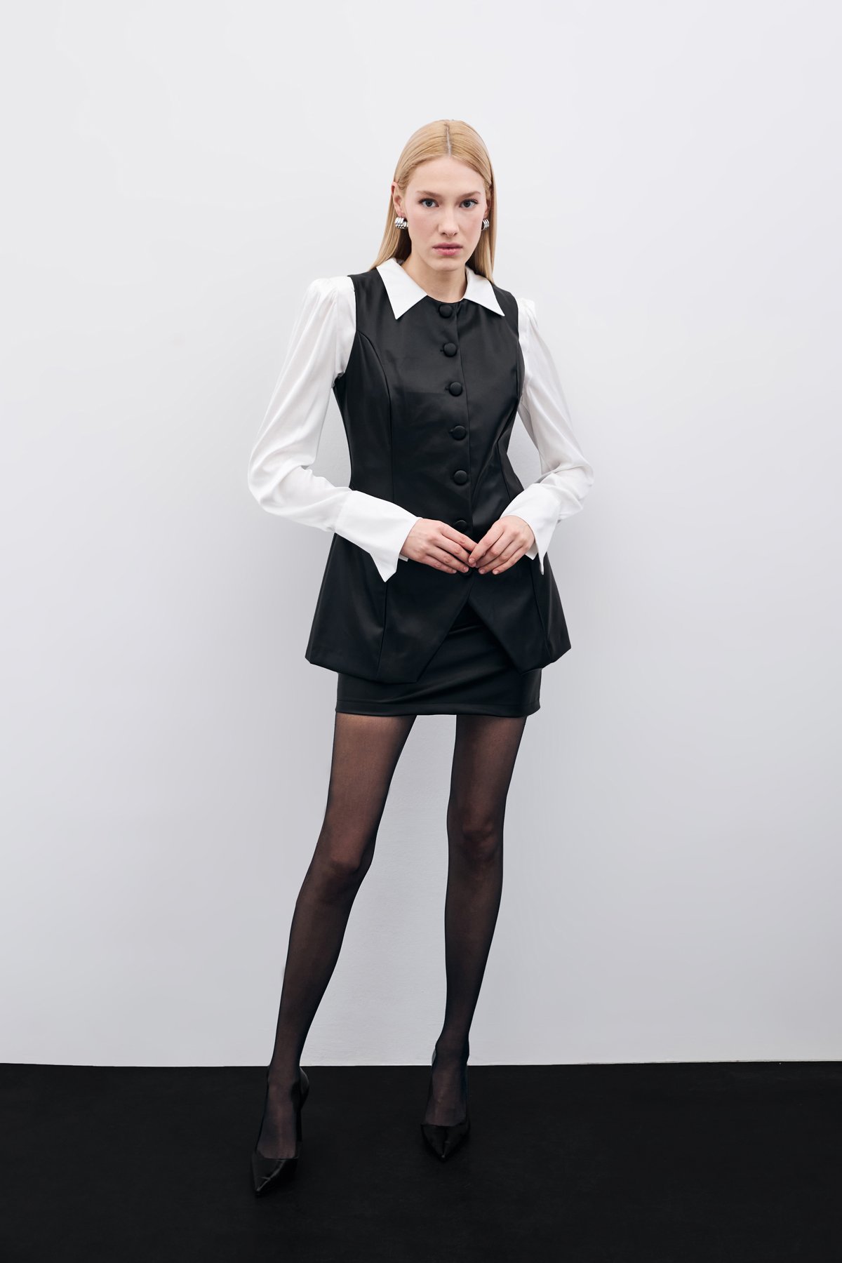 Uzun Deri Yelek - Siyah