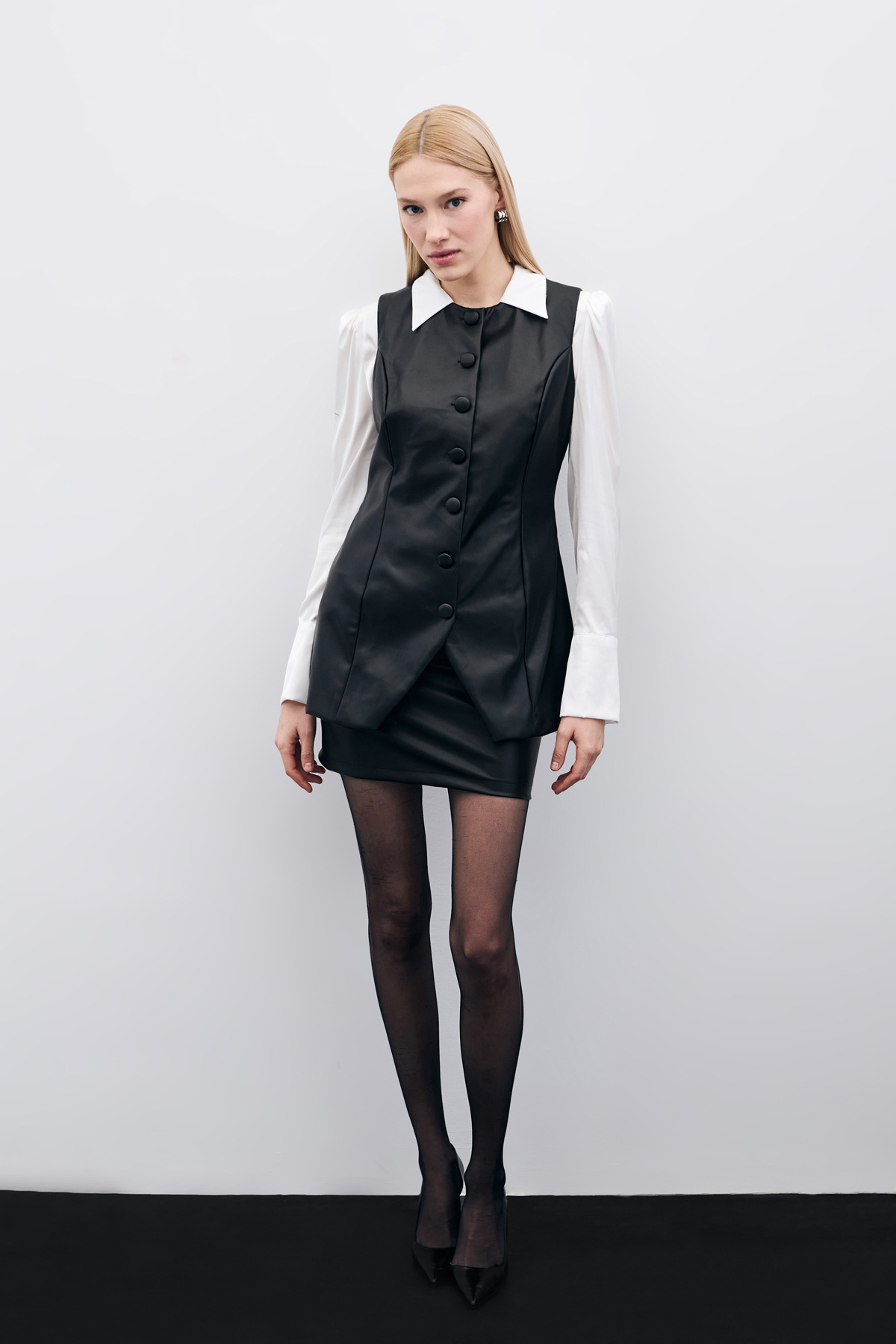 Uzun Deri Yelek - Siyah