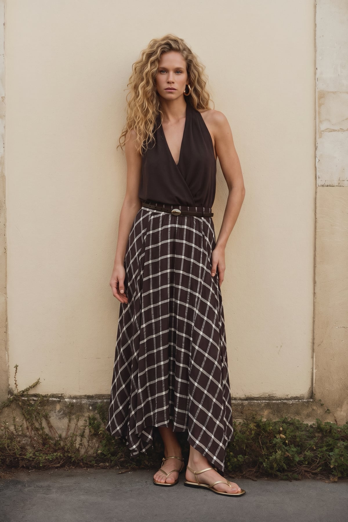 Long Plaid Skirt - Brown