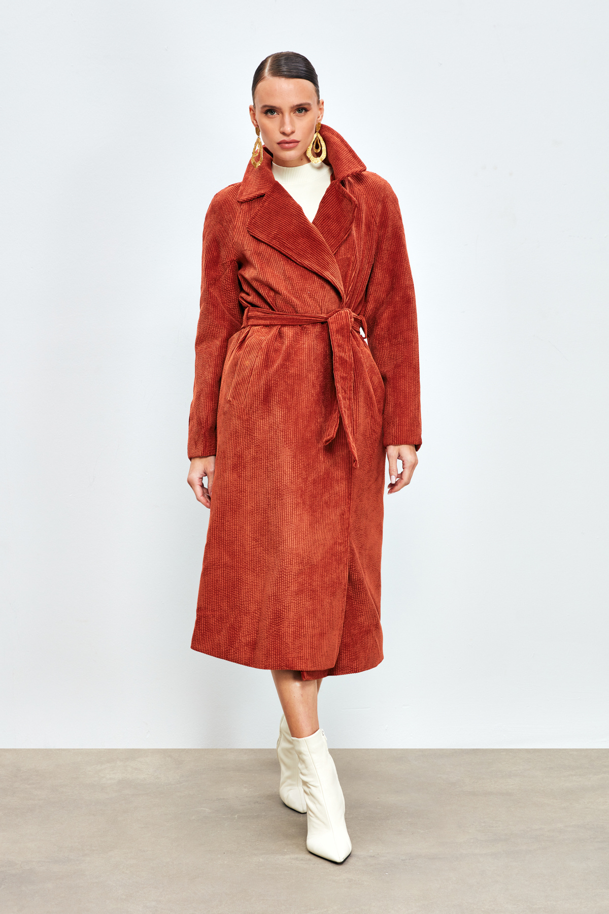 Uzun Kadife Trençkot - GUL KURUSU