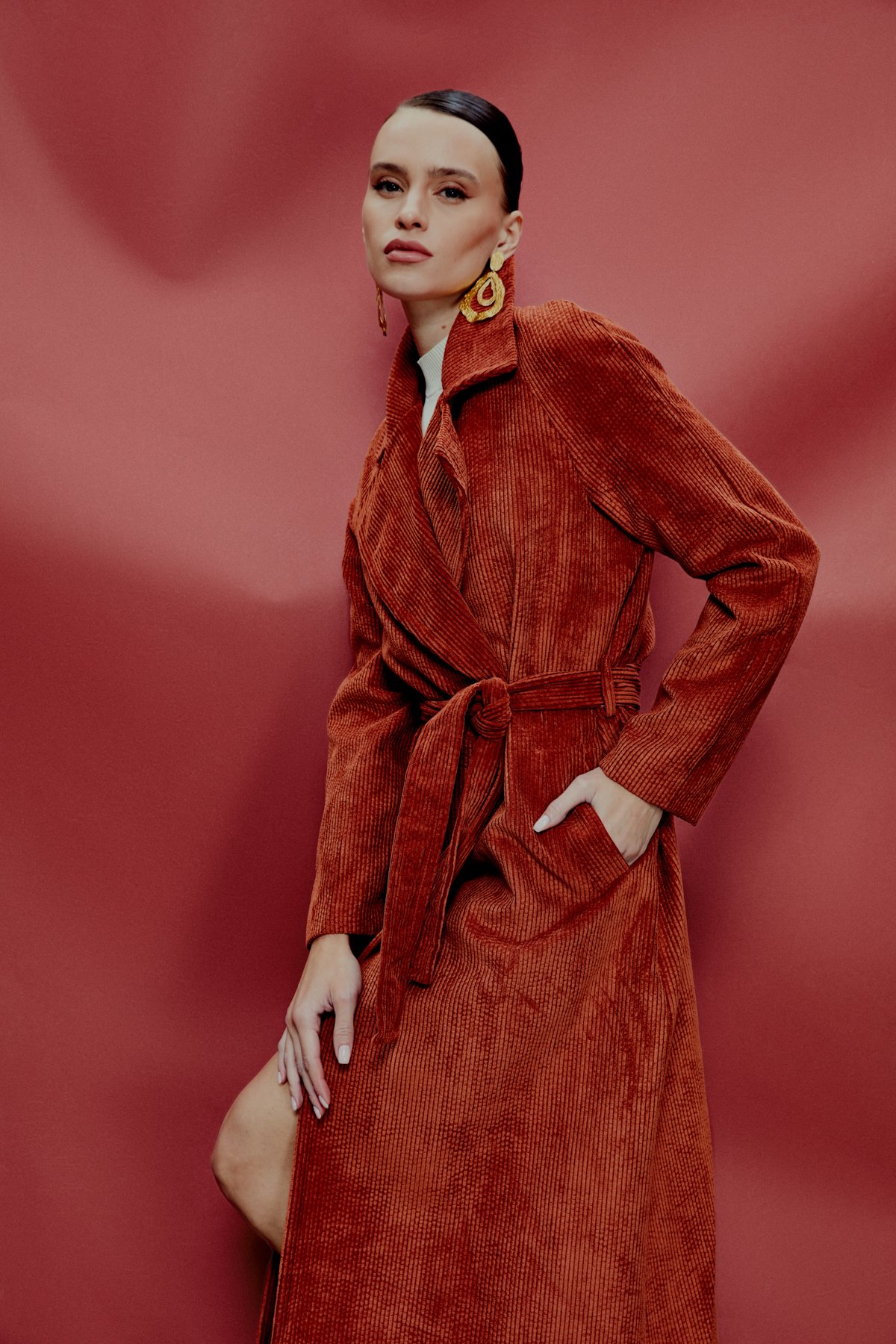 Uzun Kadife Trençkot - GUL KURUSU