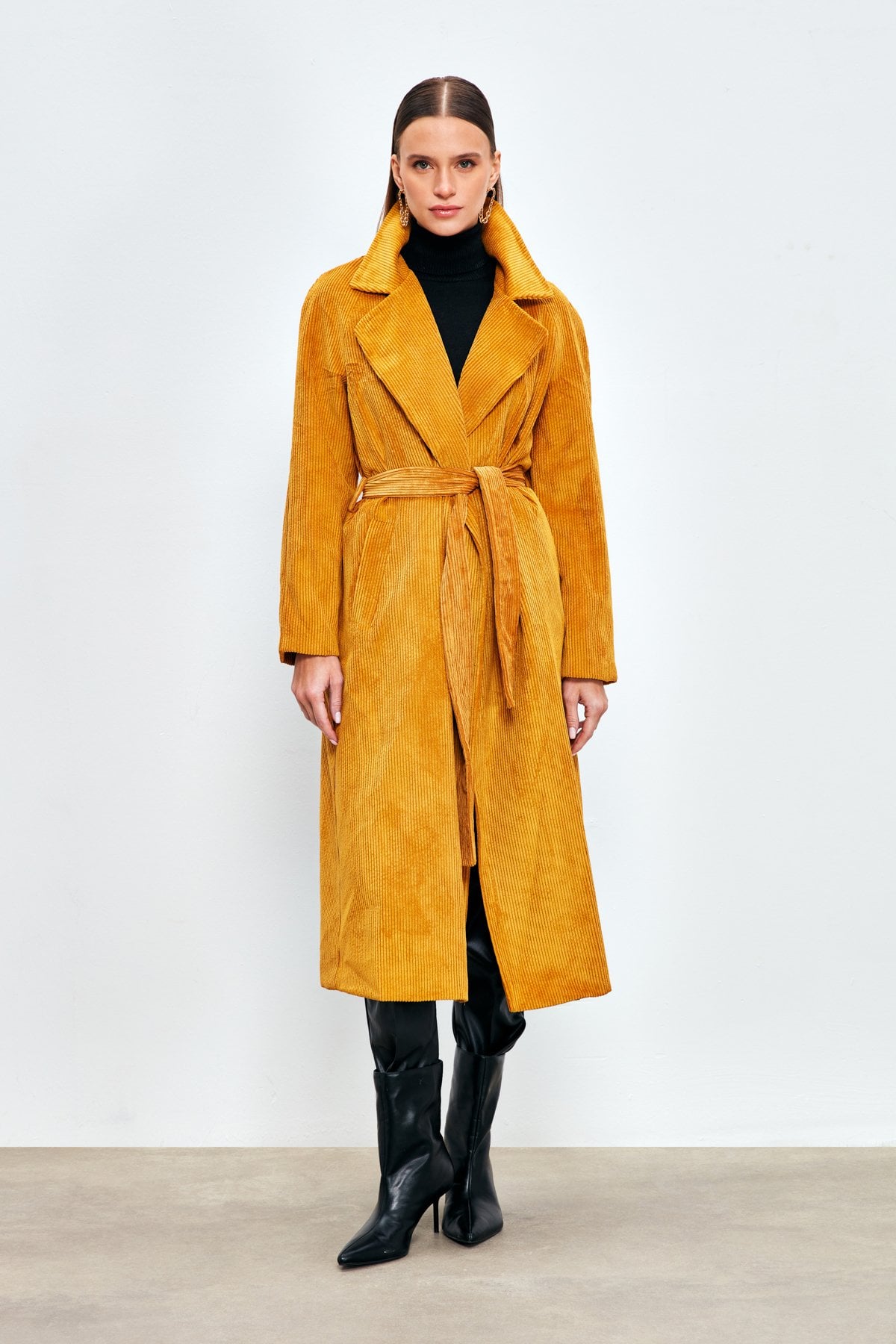 Long Velvet Trench Coat - Yellow
