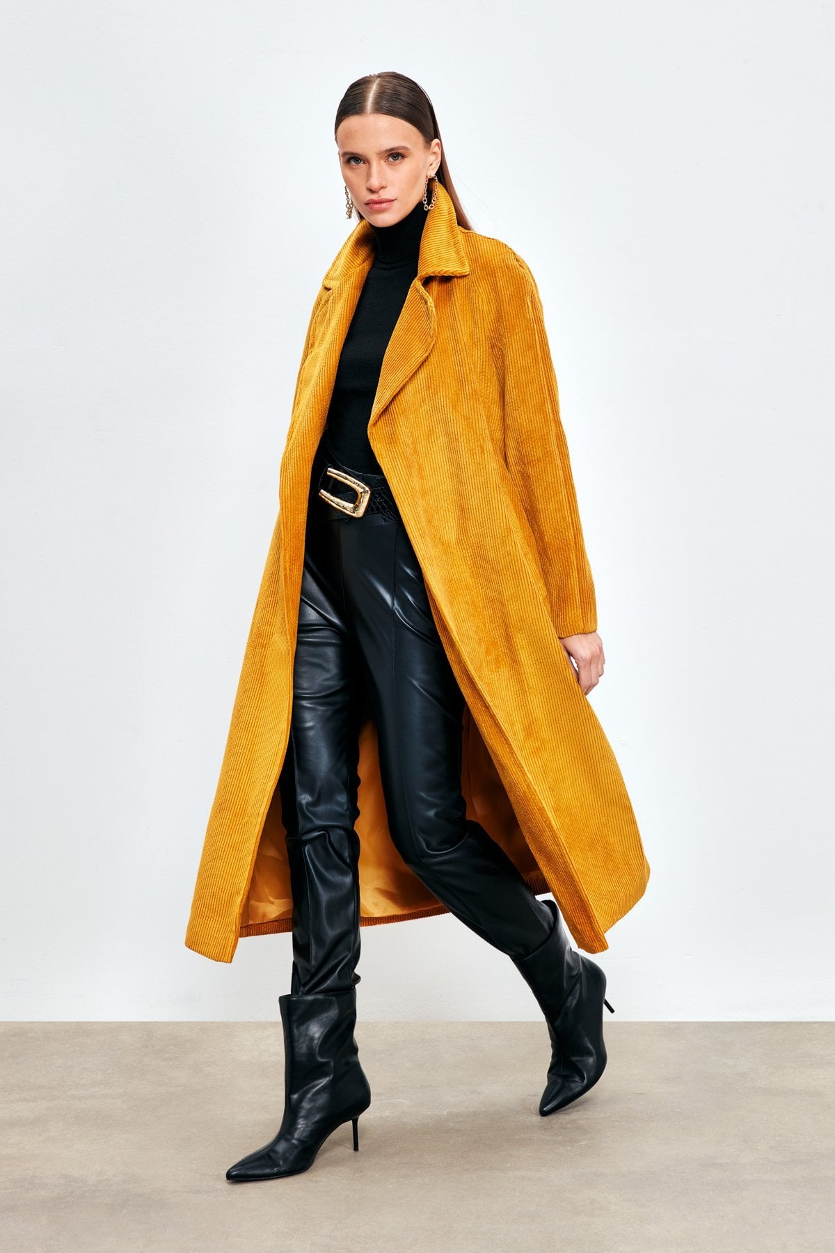 Long Velvet Trench Coat - Yellow