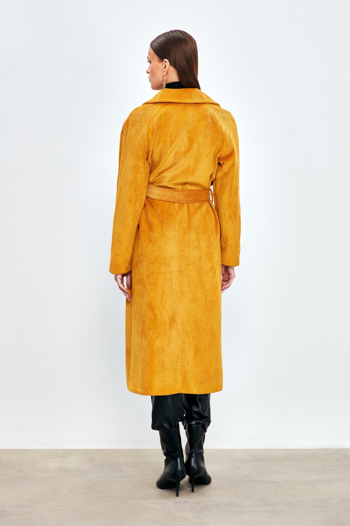 Long Velvet Trench Coat - Yellow