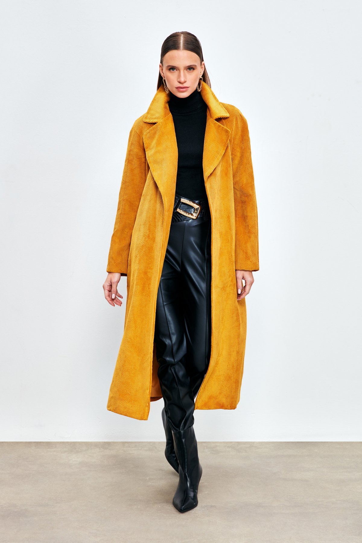 Long Velvet Trench Coat - Yellow
