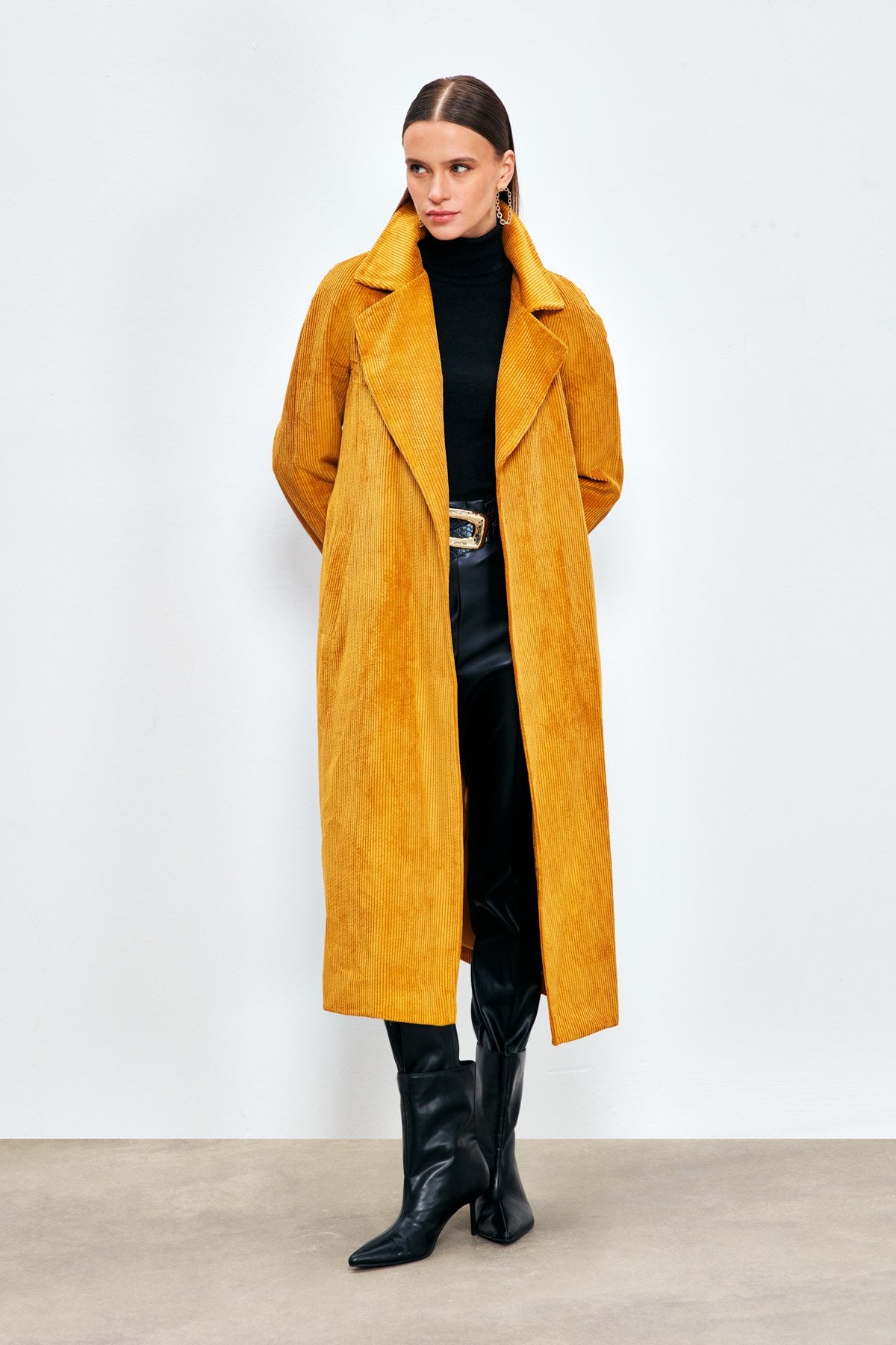 Long Velvet Trench Coat - Yellow