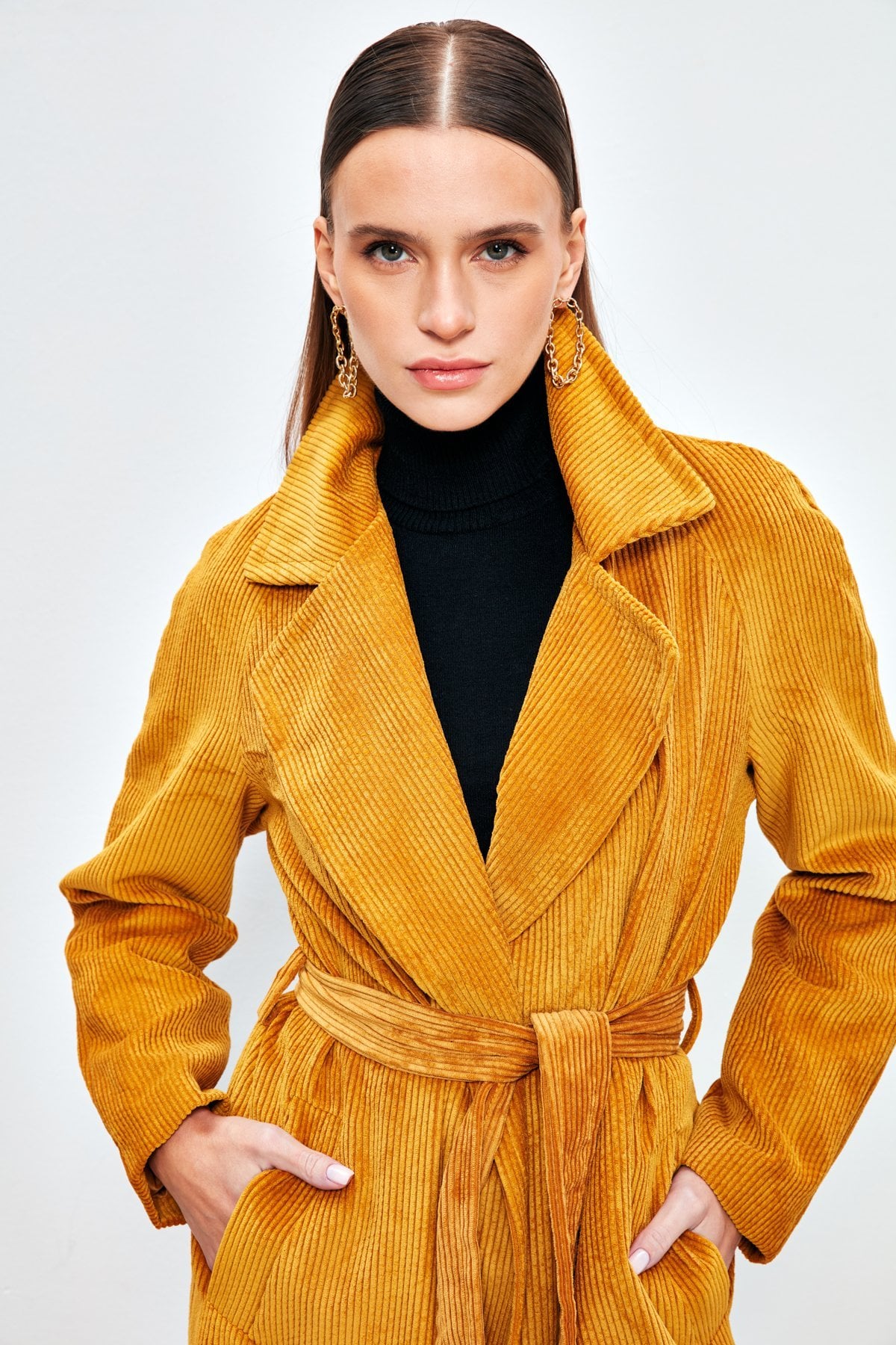 Long Velvet Trench Coat - Yellow