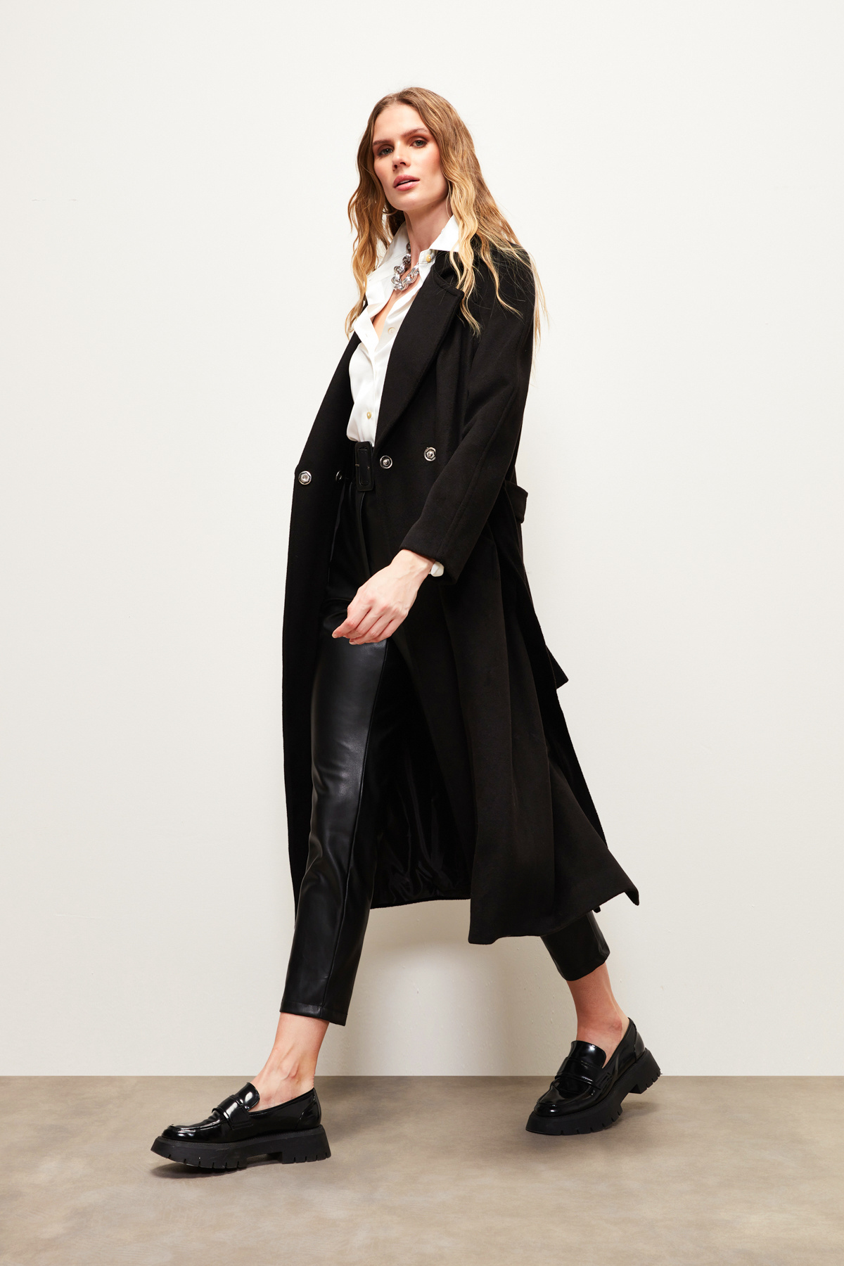 Belted Long Coat - BLACK
