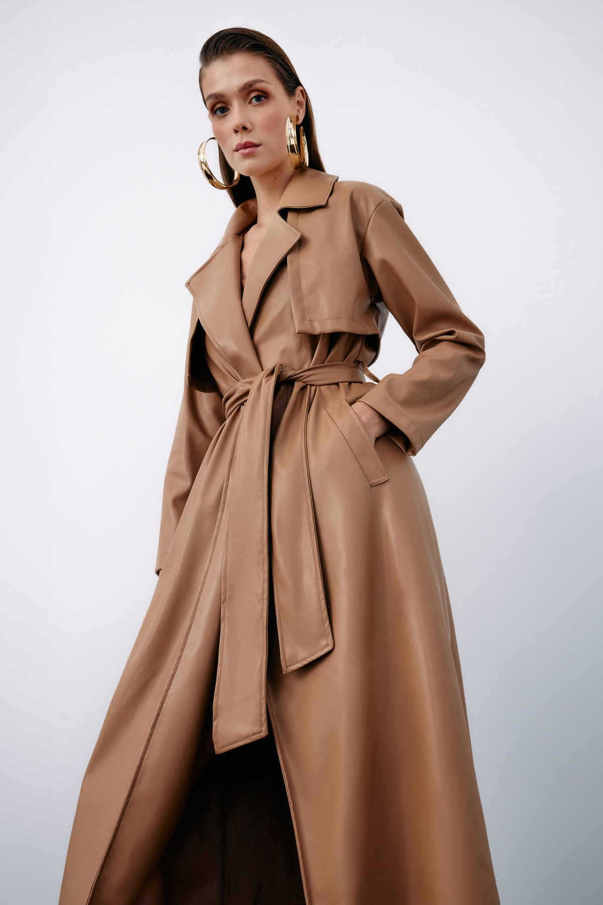 Belted Long Leather Trench - BEIGE