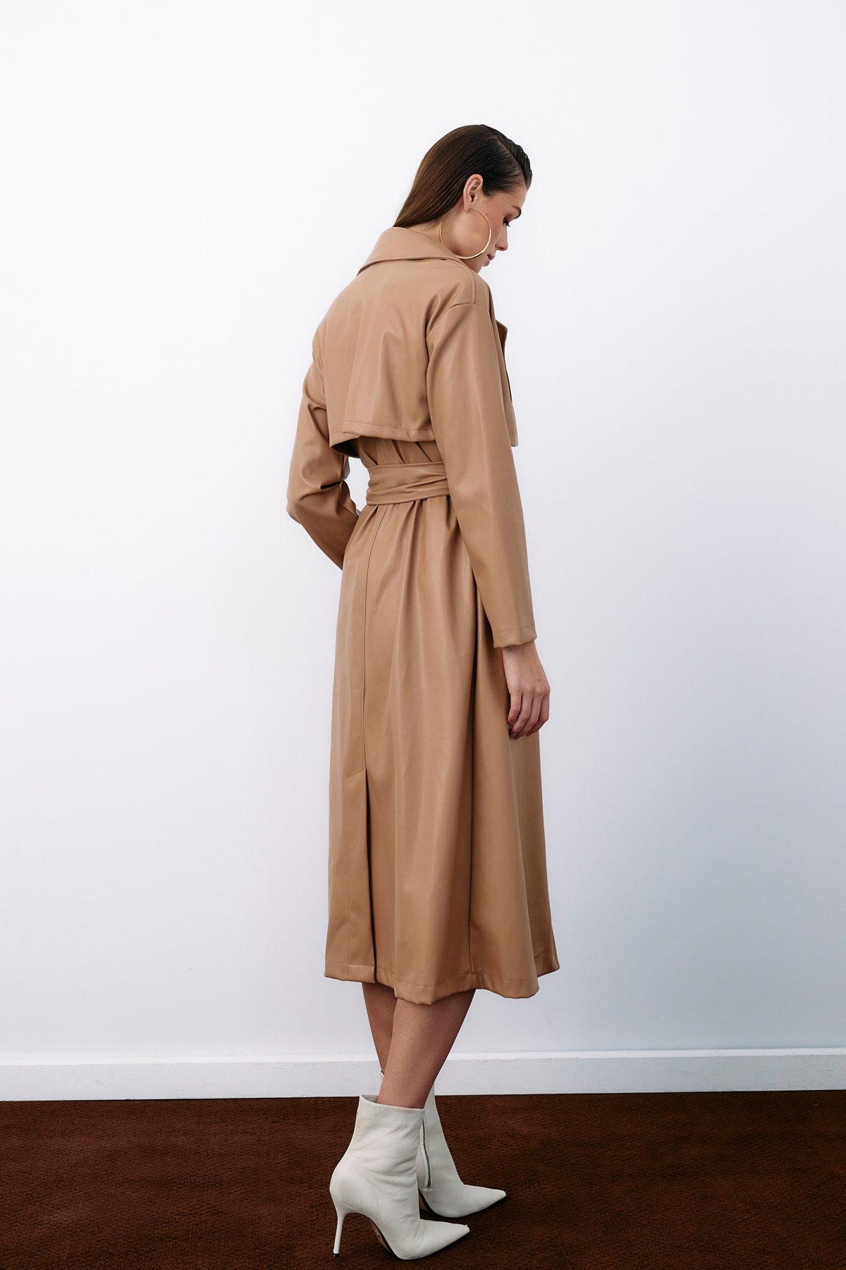 Belted Long Leather Trench - BEIGE