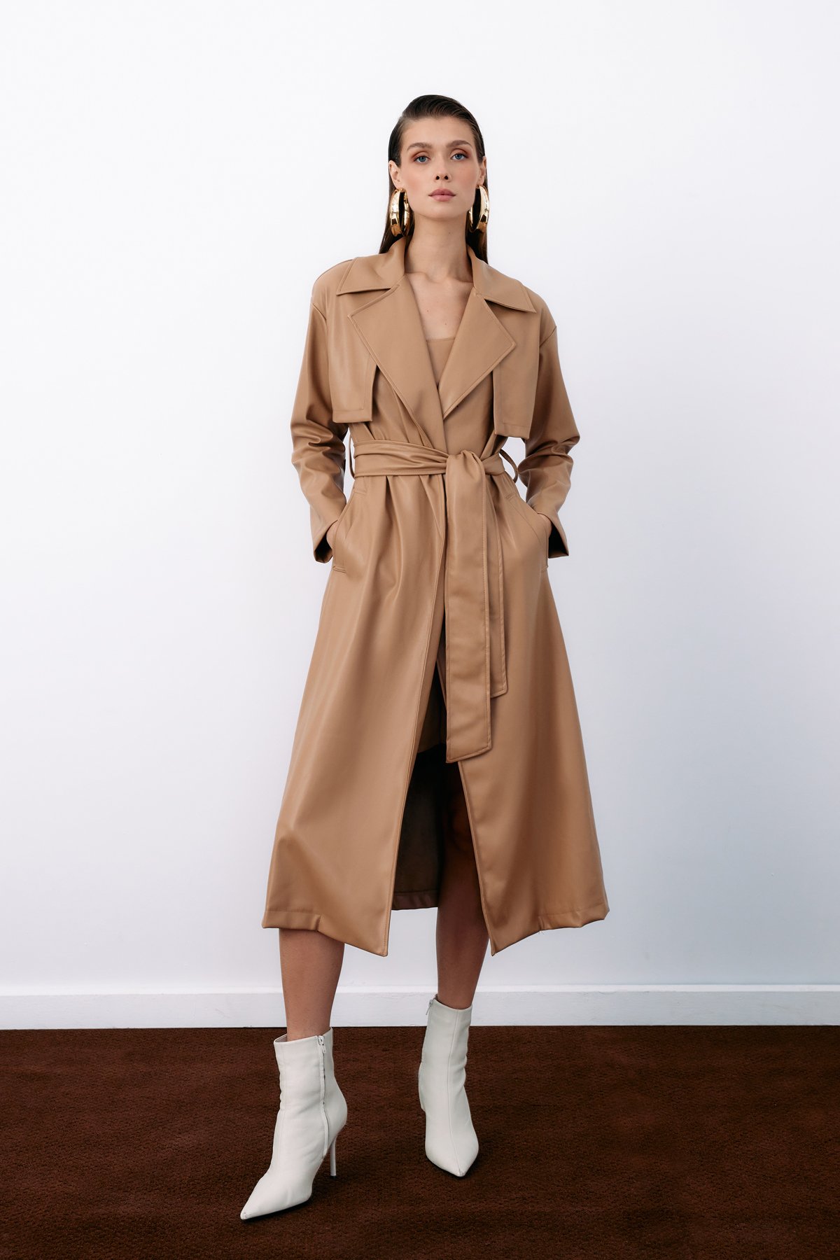 Belted Long Leather Trench - BEIGE