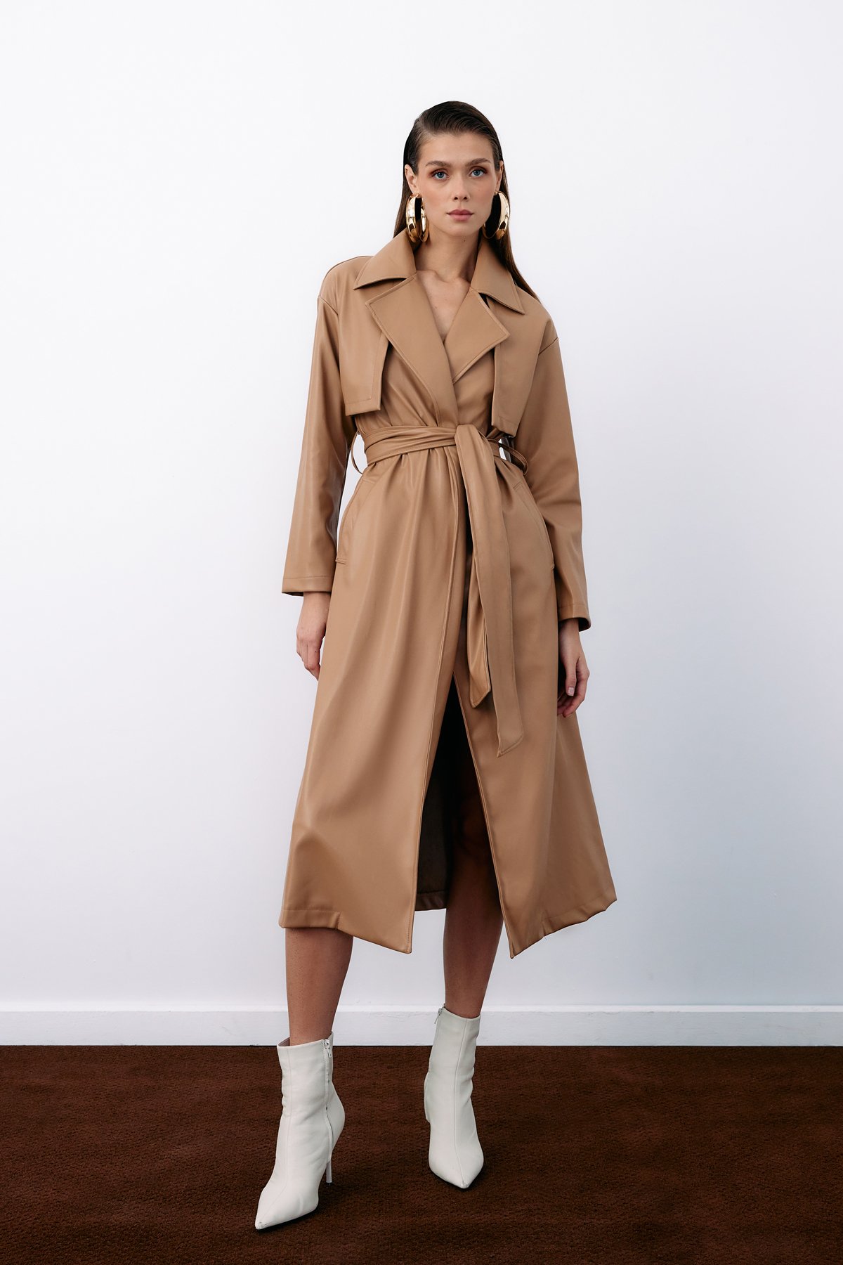 Belted Long Leather Trench - BEIGE