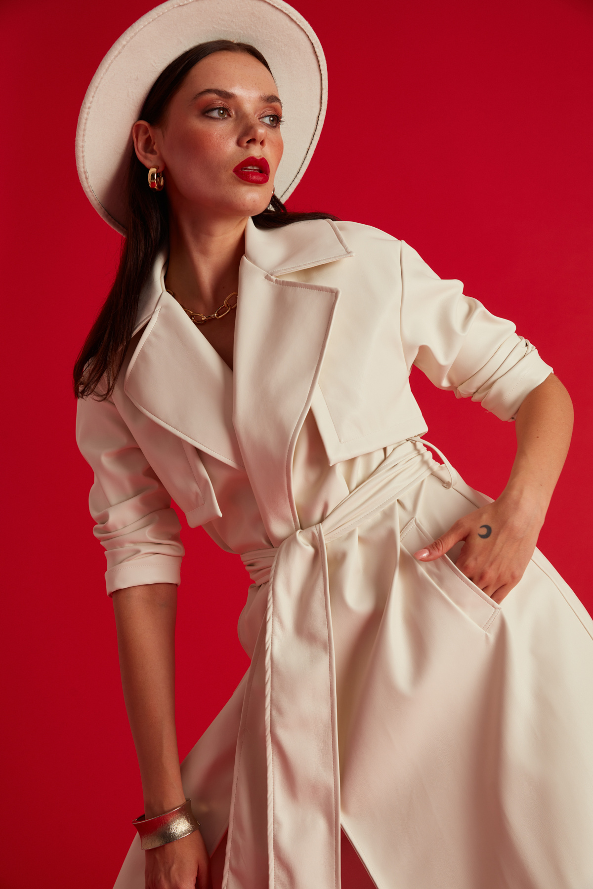 Long belted leather trench - ECRU