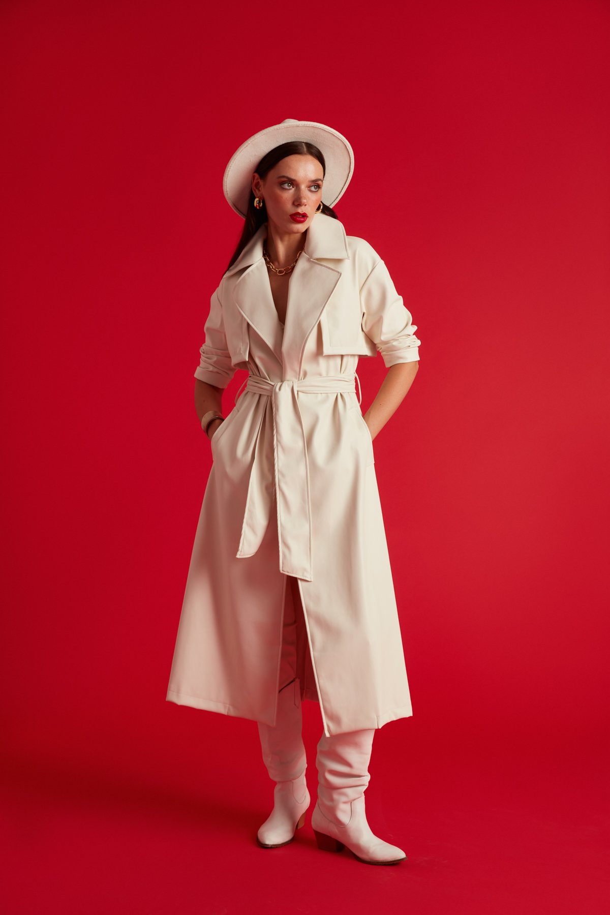 Long belted leather trench - ECRU