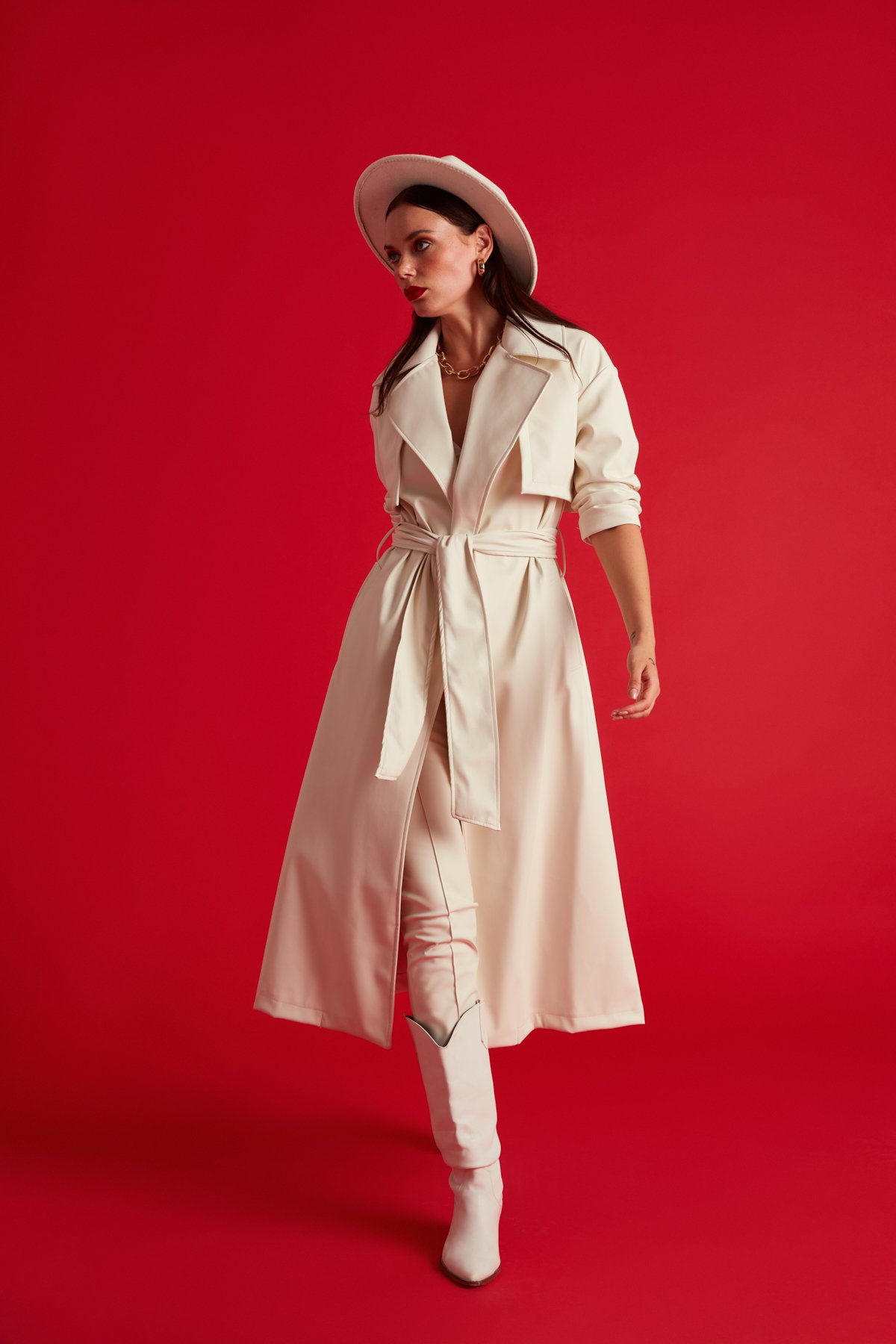 Long belted leather trench - ECRU