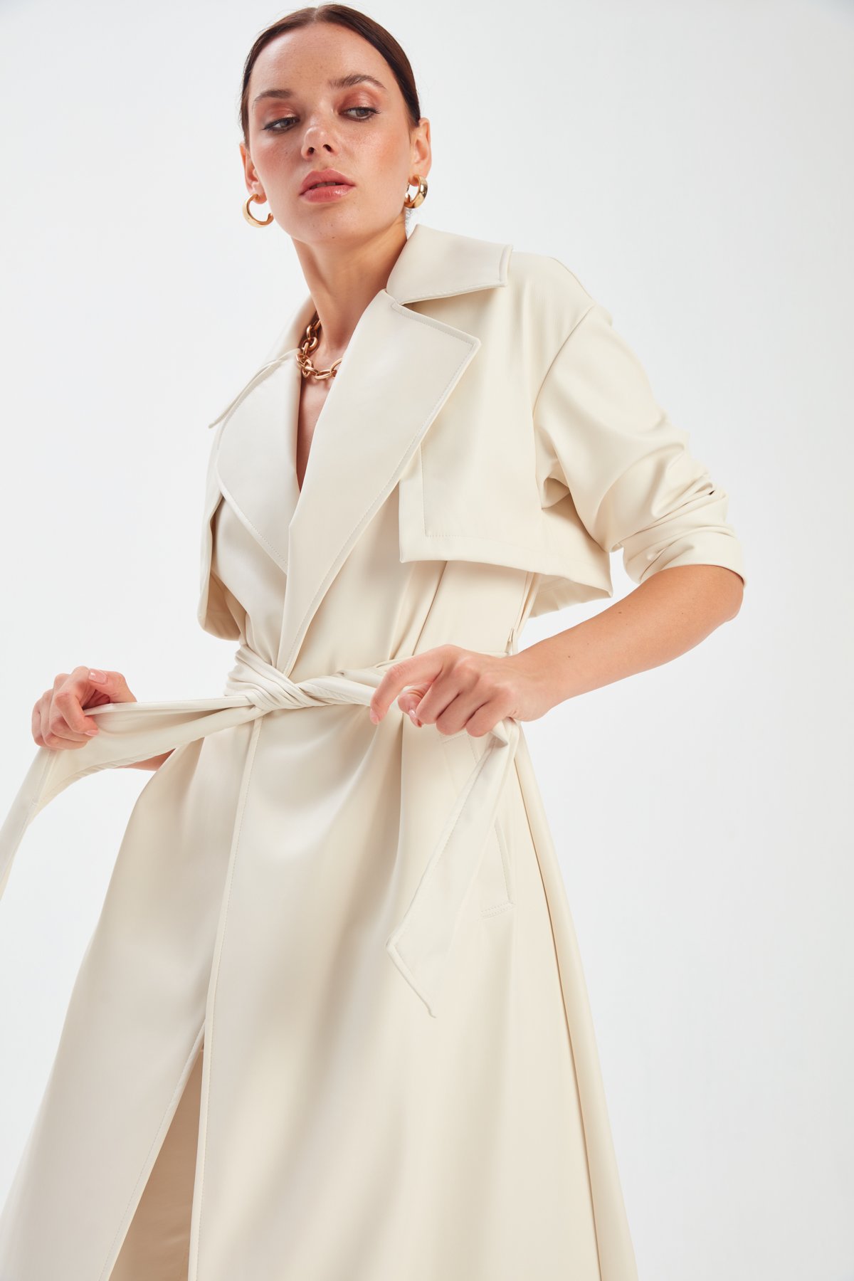 Long belted leather trench - ECRU