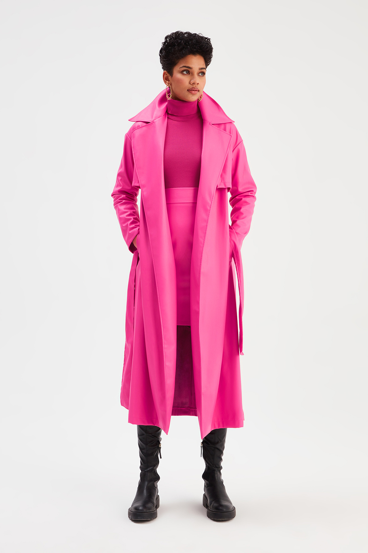 Uzun  kemerli deri  trenç - FUŞYA