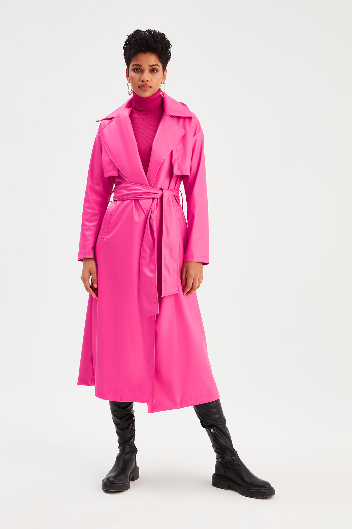 Uzun  kemerli deri  trenç - FUŞYA