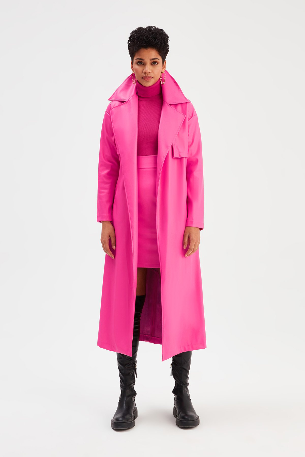 Uzun  kemerli deri  trenç - FUŞYA