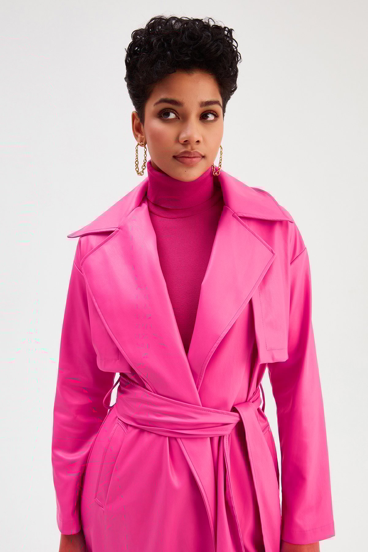 Uzun  kemerli deri  trenç - FUŞYA