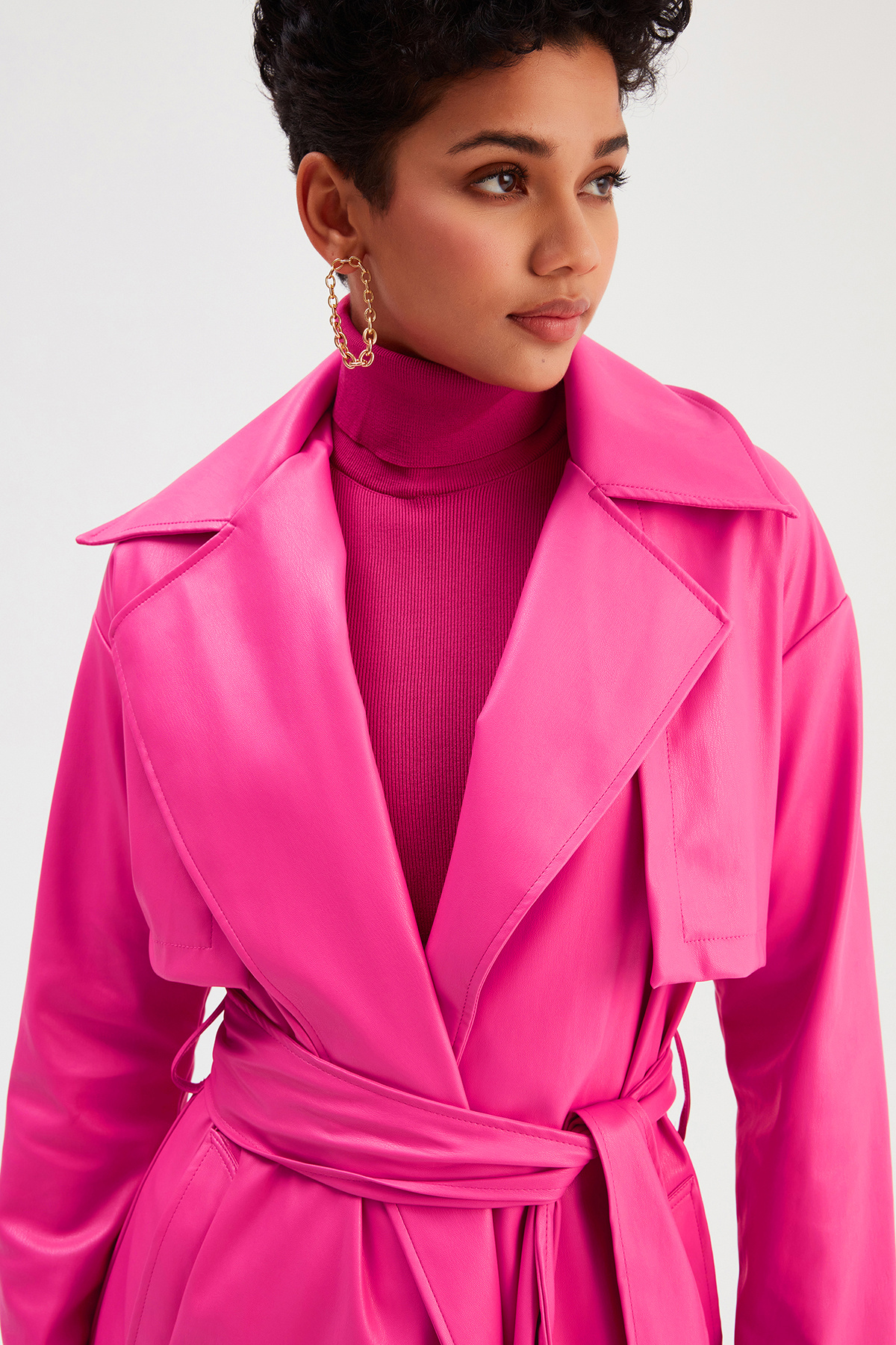 Uzun  kemerli deri  trenç - FUŞYA