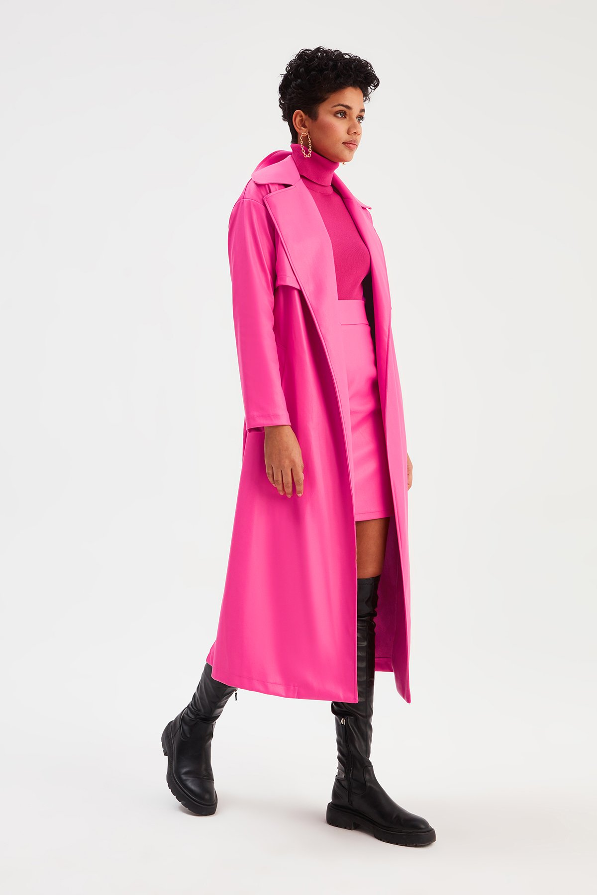 Uzun  kemerli deri  trenç - FUŞYA